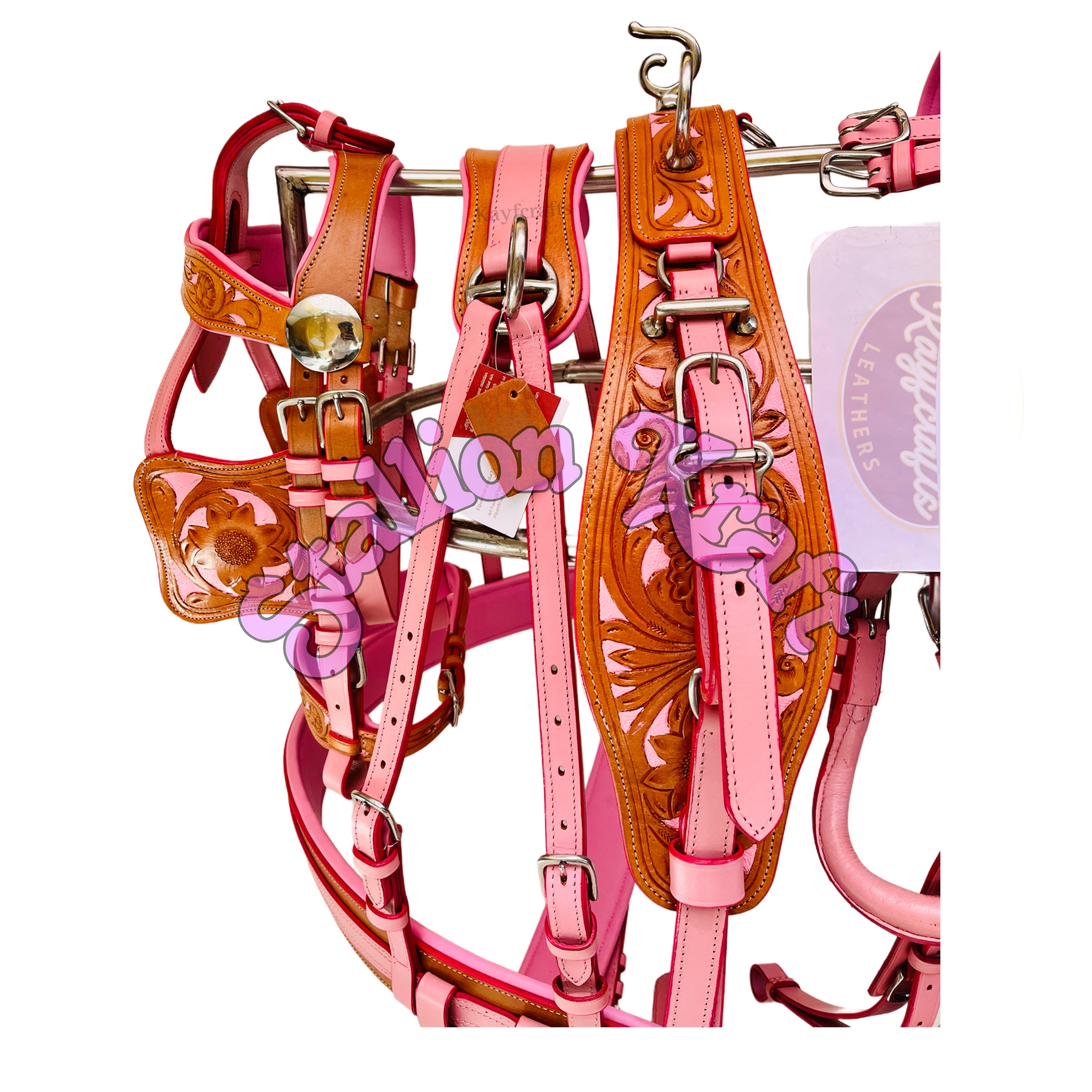 Handmade Leather Horse Driving Harness Set  Dual Tone Natural & Pink Complete Buggy Harness with Traces