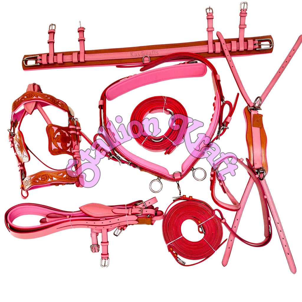Handmade Leather Horse Driving Harness Set  Dual Tone Natural & Pink Complete Buggy Harness with Traces