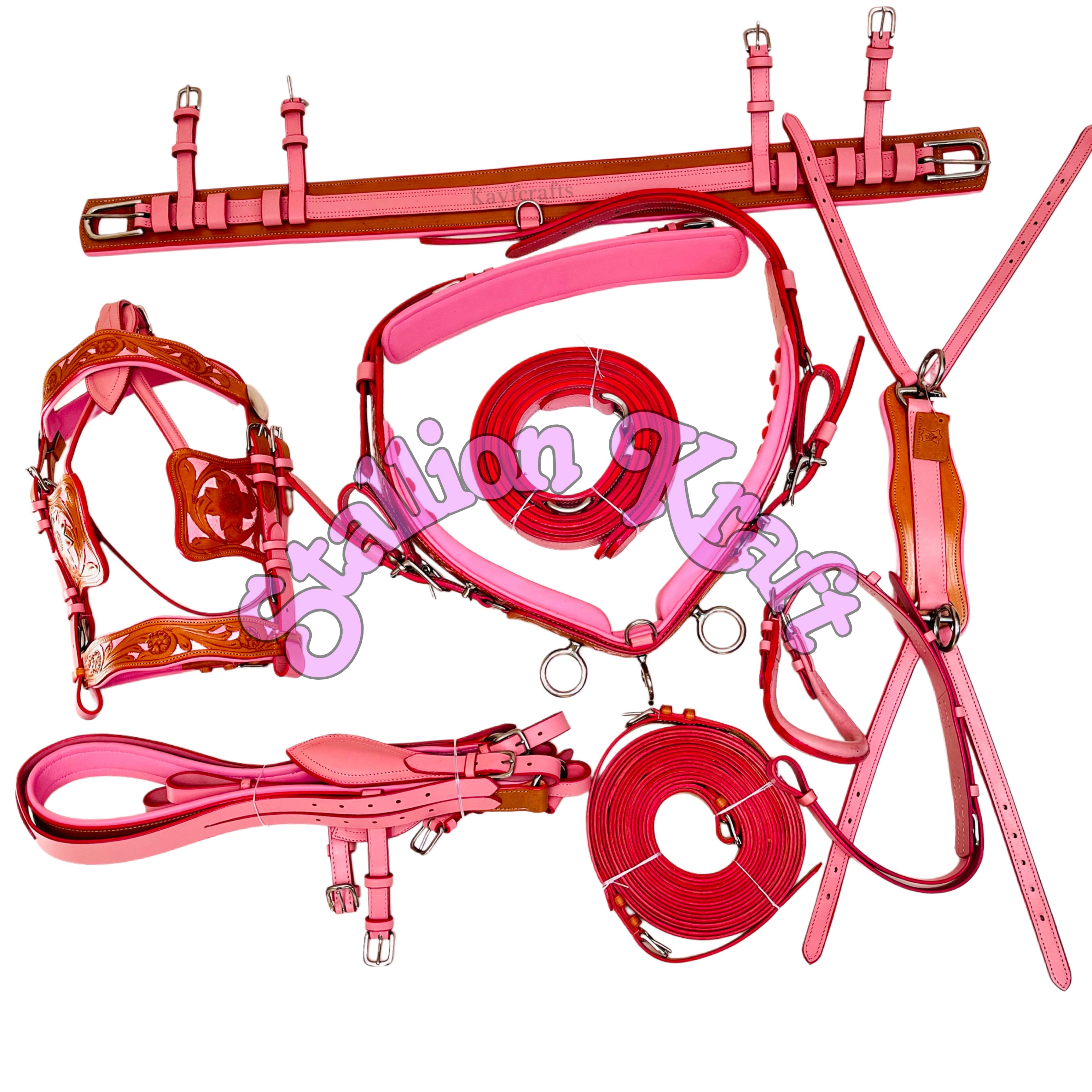 Handmade Leather Horse Driving Harness Set  Dual Tone Natural & Pink Complete Buggy Harness with Traces