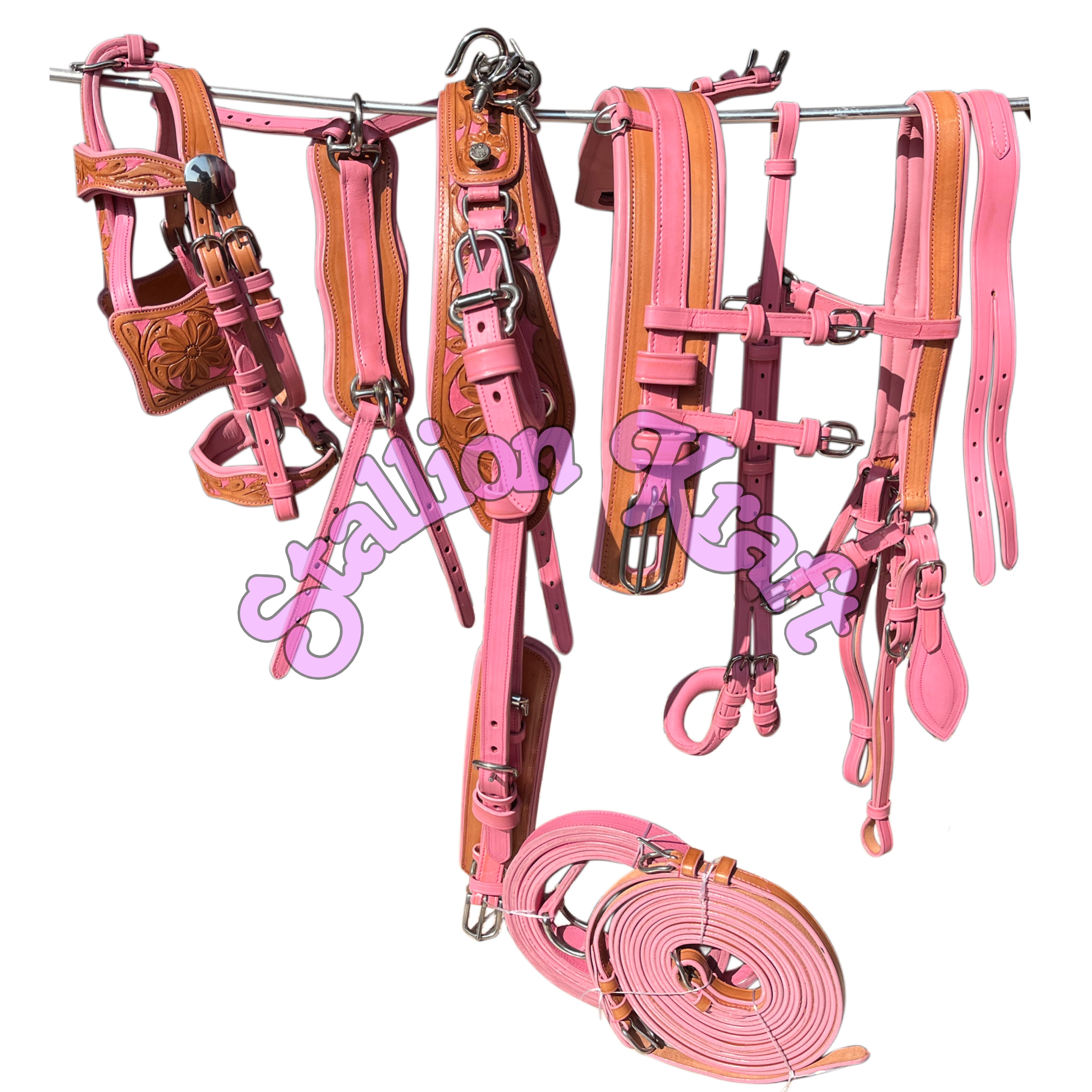 Handmade Leather Horse Driving Harness Set  Dual Tone Natural & Pink Complete Buggy Harness with Traces