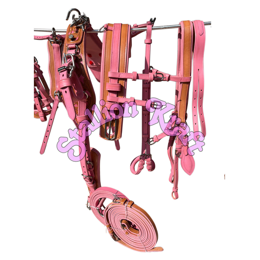 Handmade Leather Horse Driving Harness Set  Dual Tone Natural & Pink Complete Buggy Harness with Traces