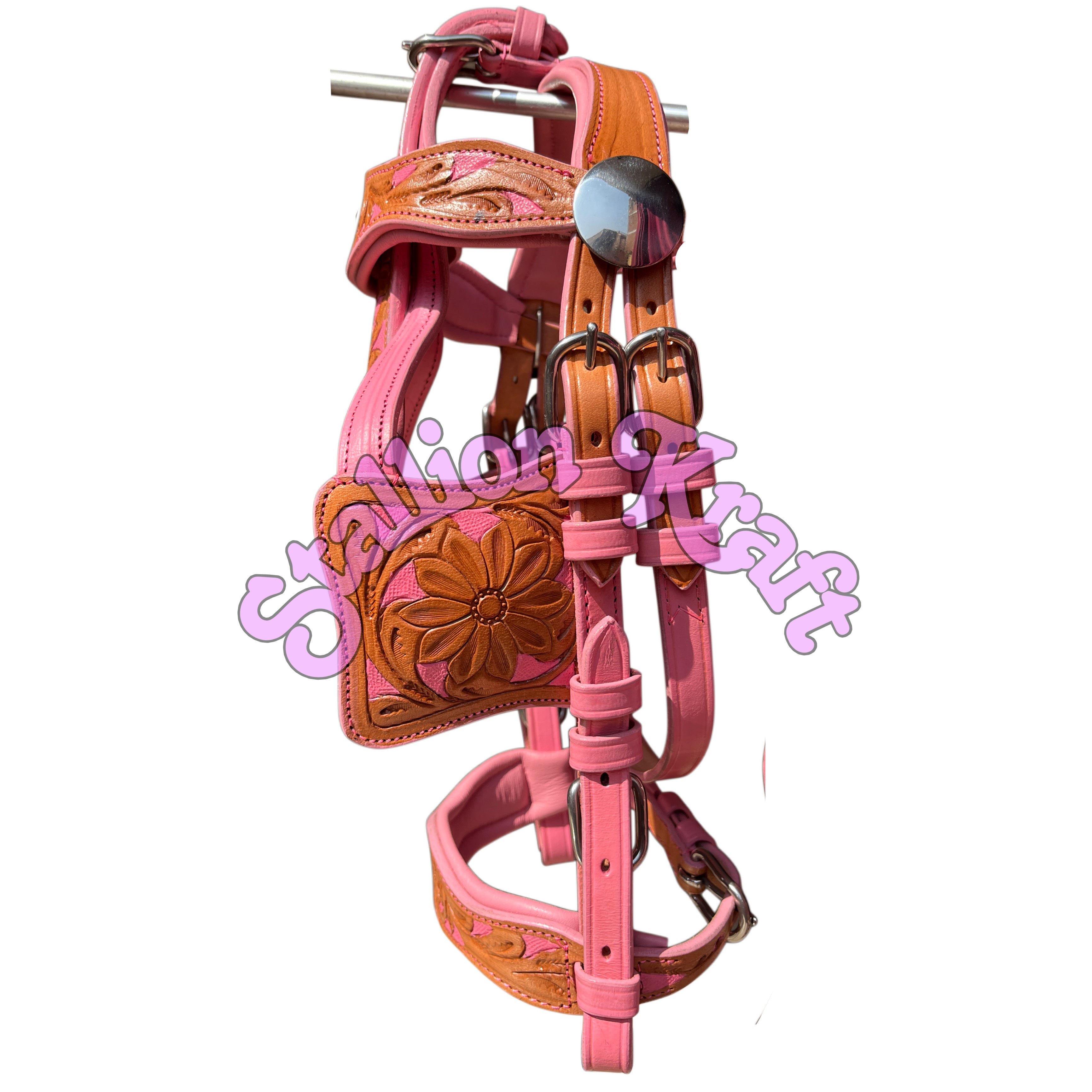 Handmade Leather Horse Driving Harness Set  Dual Tone Natural & Pink Complete Buggy Harness with Traces