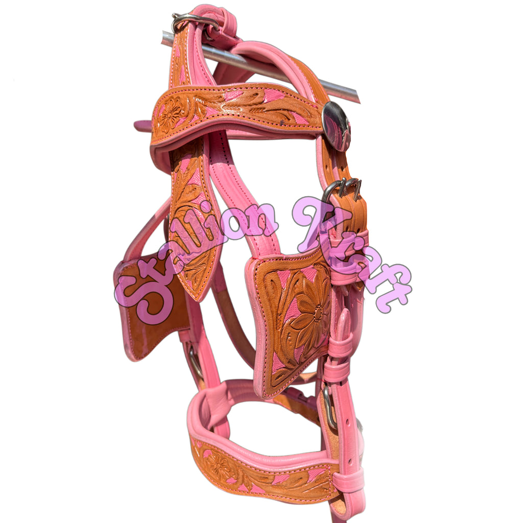 Handmade Leather Horse Driving Harness Set  Dual Tone Natural & Pink Complete Buggy Harness with Traces