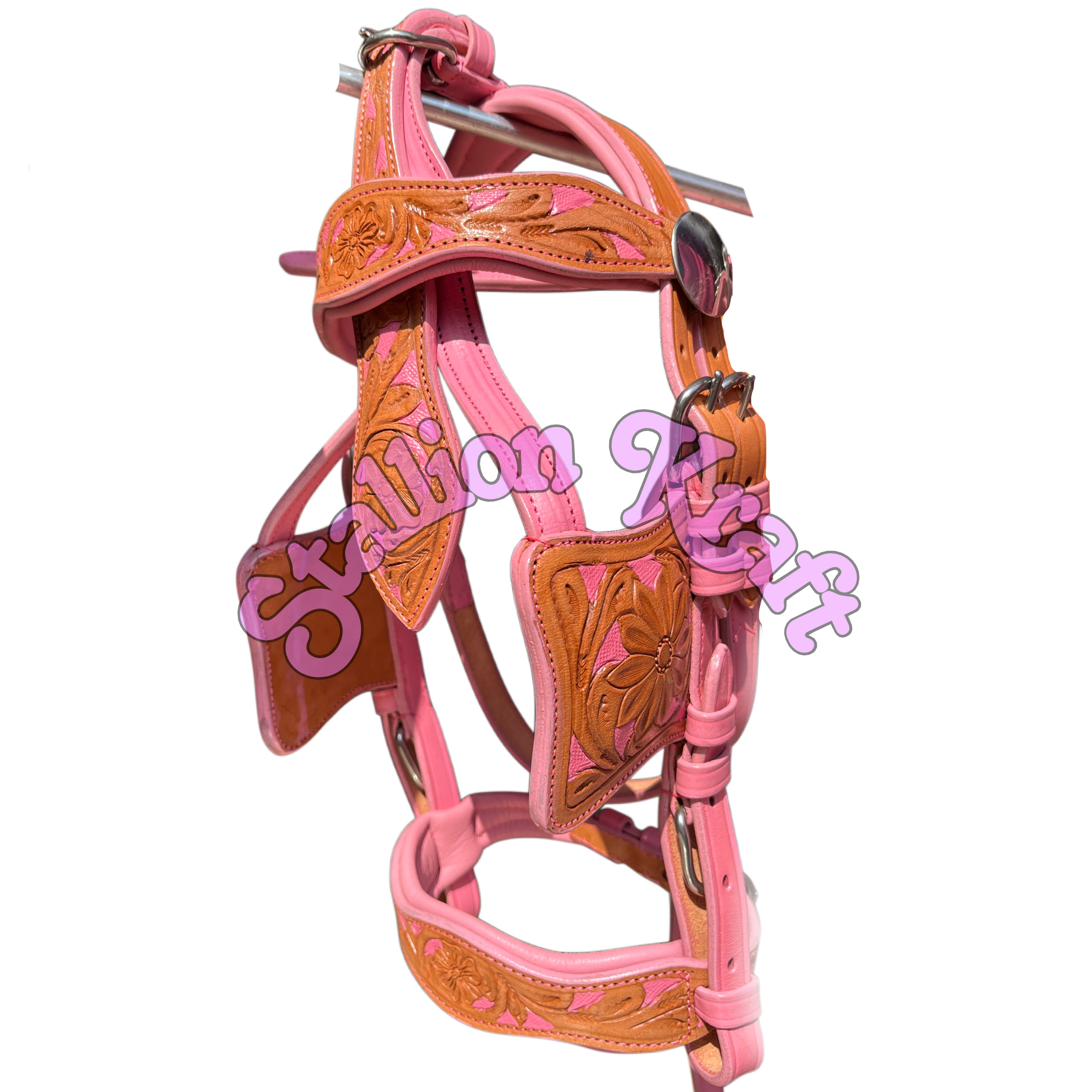 Handmade Leather Horse Driving Harness Set  Dual Tone Natural & Pink Complete Buggy Harness with Traces