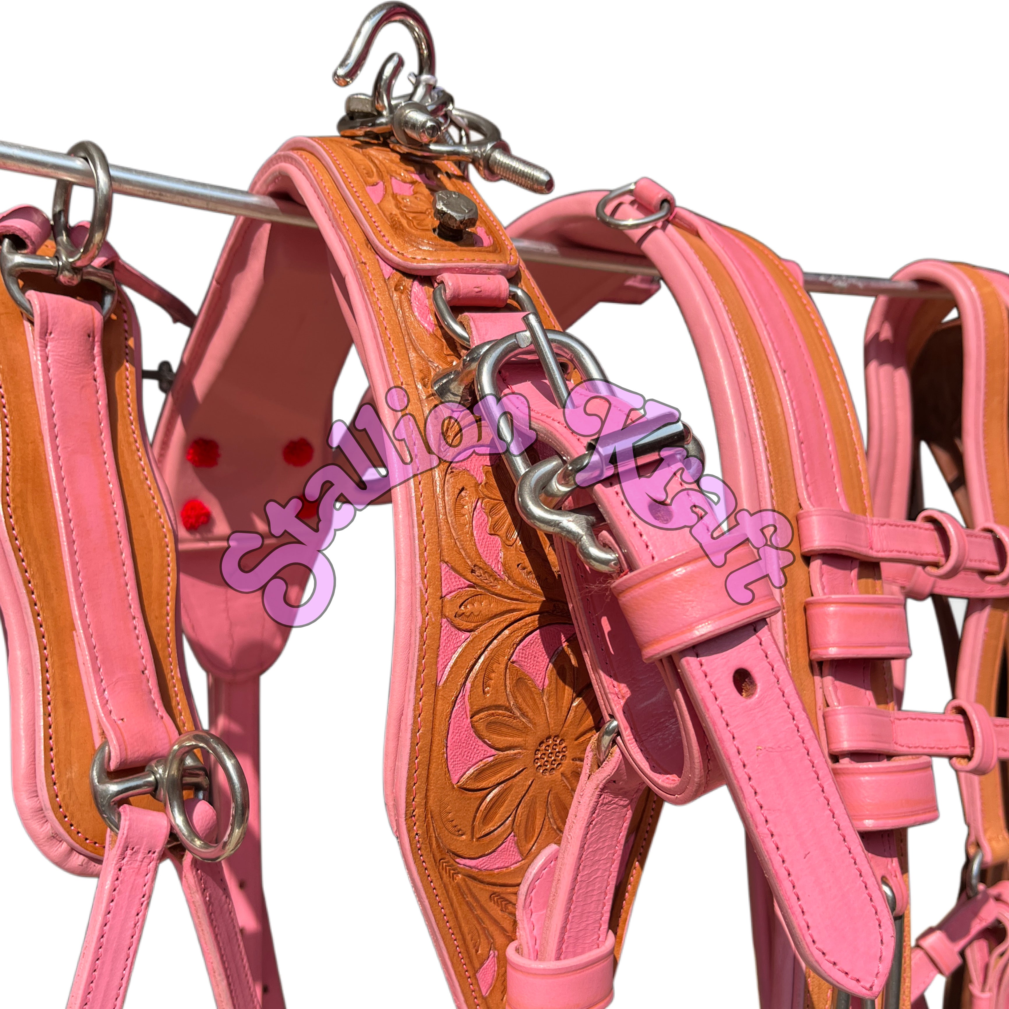 Handmade Leather Horse Driving Harness Set  Dual Tone Natural & Pink Complete Buggy Harness with Traces