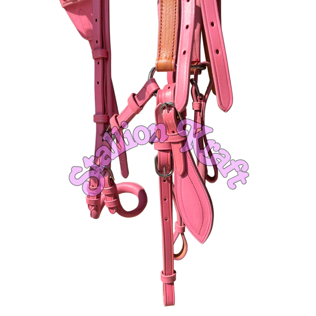 Handmade Leather Horse Driving Harness Set  Dual Tone Natural & Pink Complete Buggy Harness with Traces