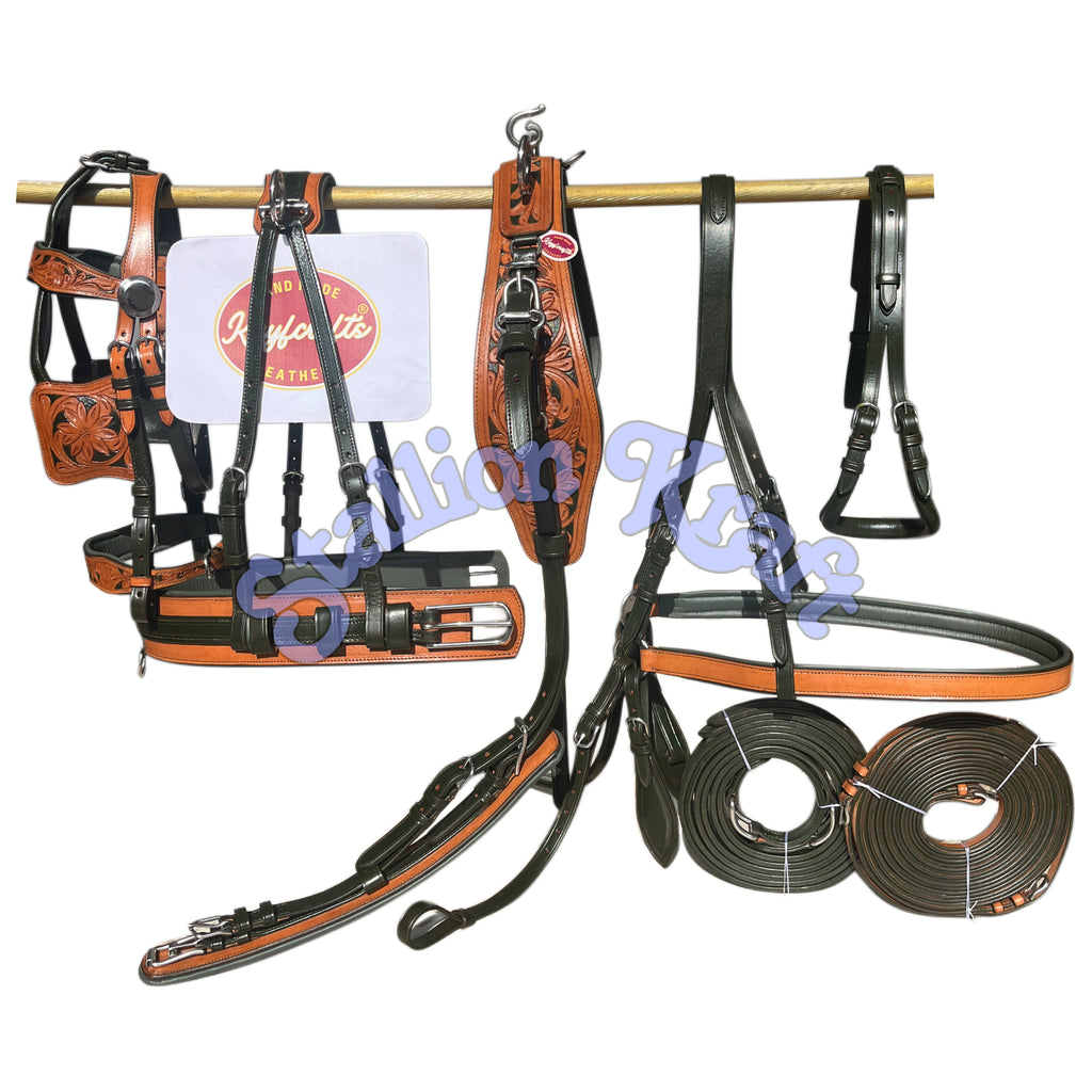 Natural & Olive Green Leather Horse Driving Harness Set  Full Grain Carriage & Buggy Harness