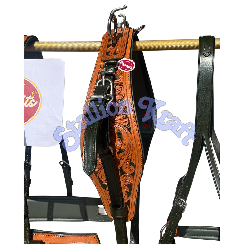 Natural & Olive Green Leather Horse Driving Harness Set  Full Grain Carriage & Buggy Harness
