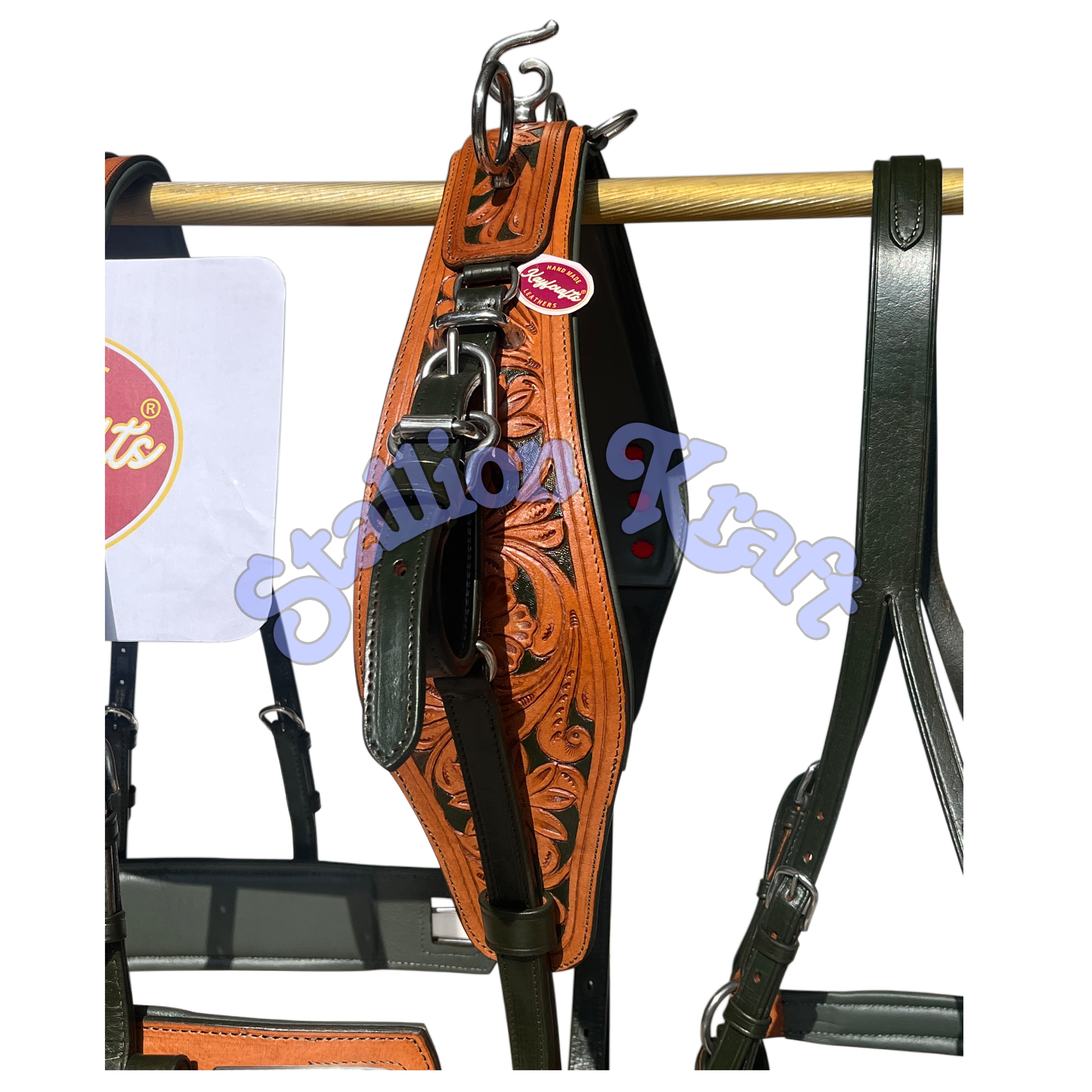Natural & Olive Green Leather Horse Driving Harness Set  Full Grain Carriage & Buggy Harness