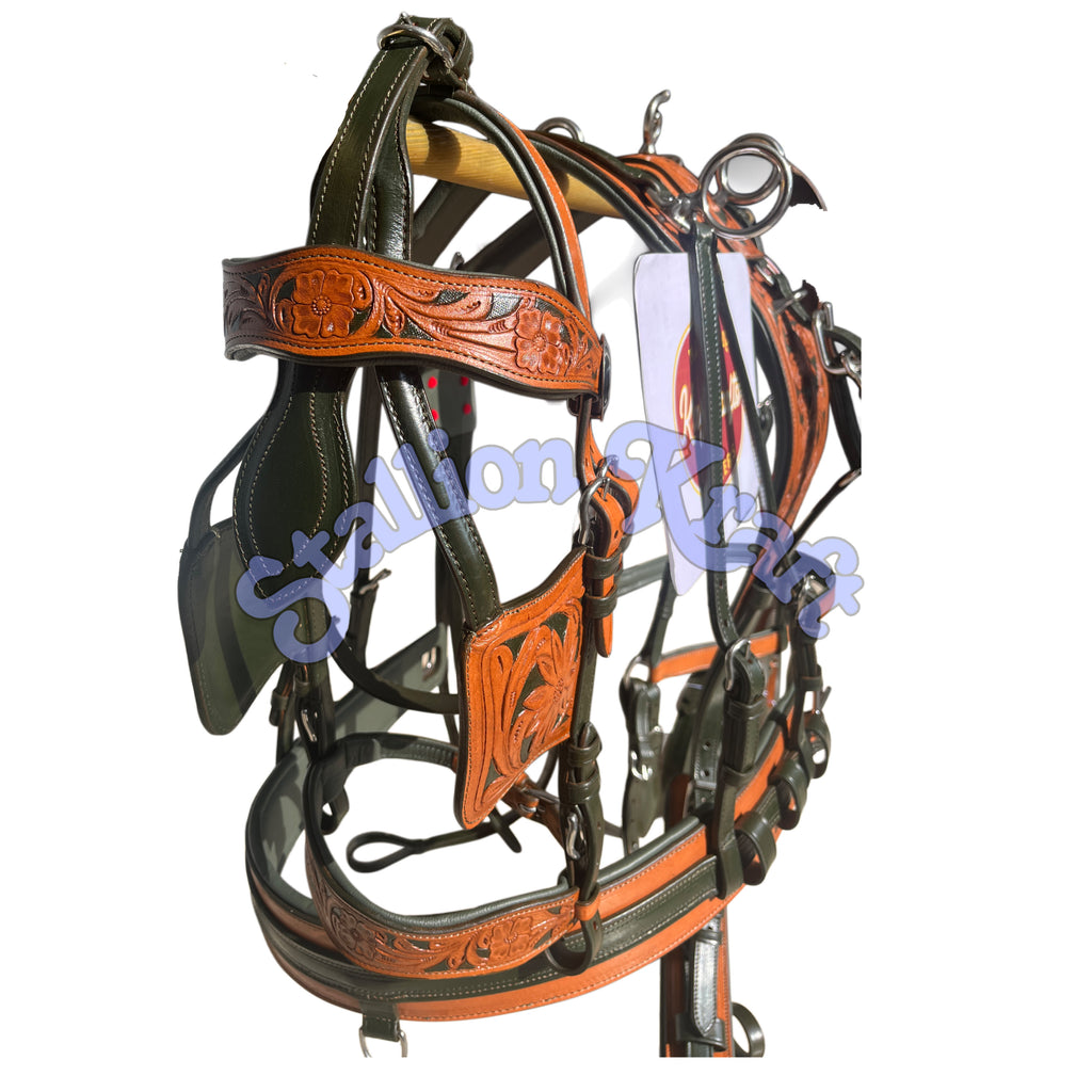 Natural & Olive Green Leather Horse Driving Harness Set  Full Grain Carriage & Buggy Harness