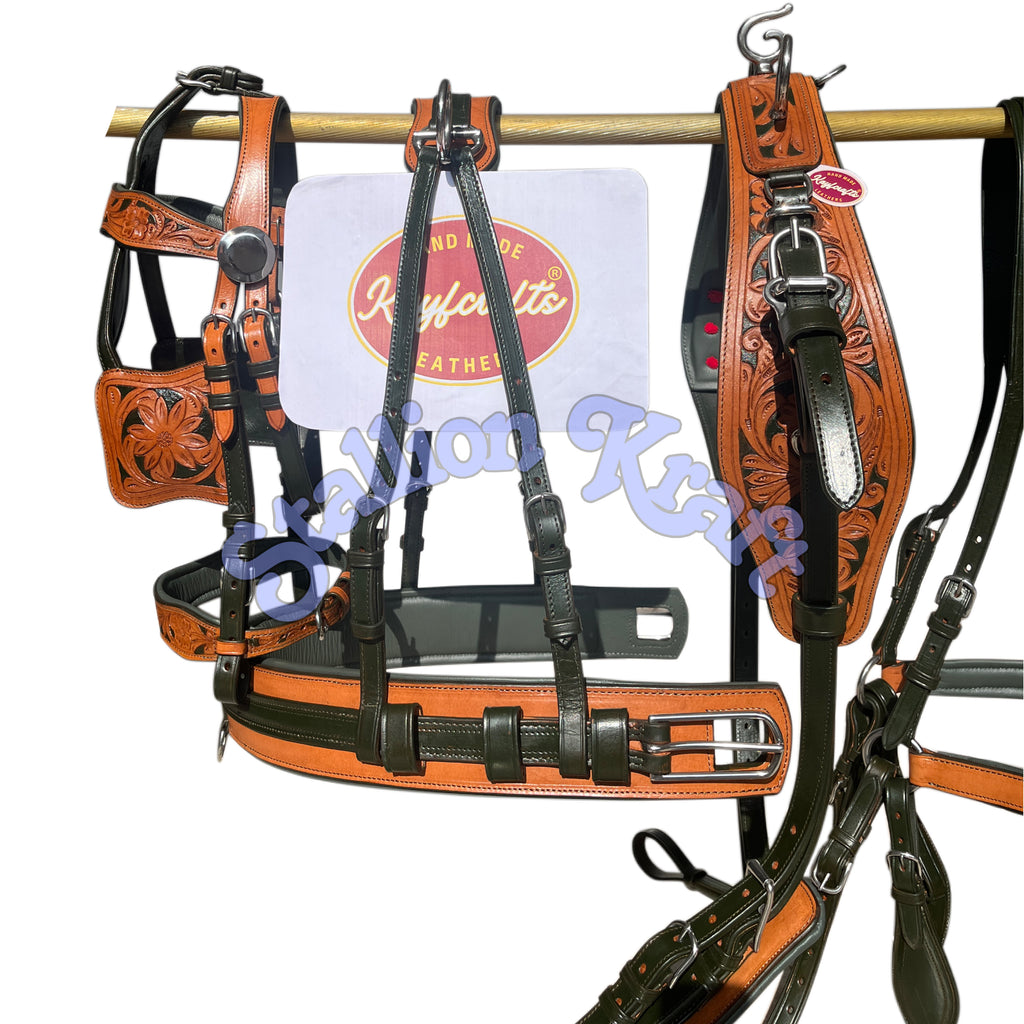 Natural & Olive Green Leather Horse Driving Harness Set  Full Grain Carriage & Buggy Harness