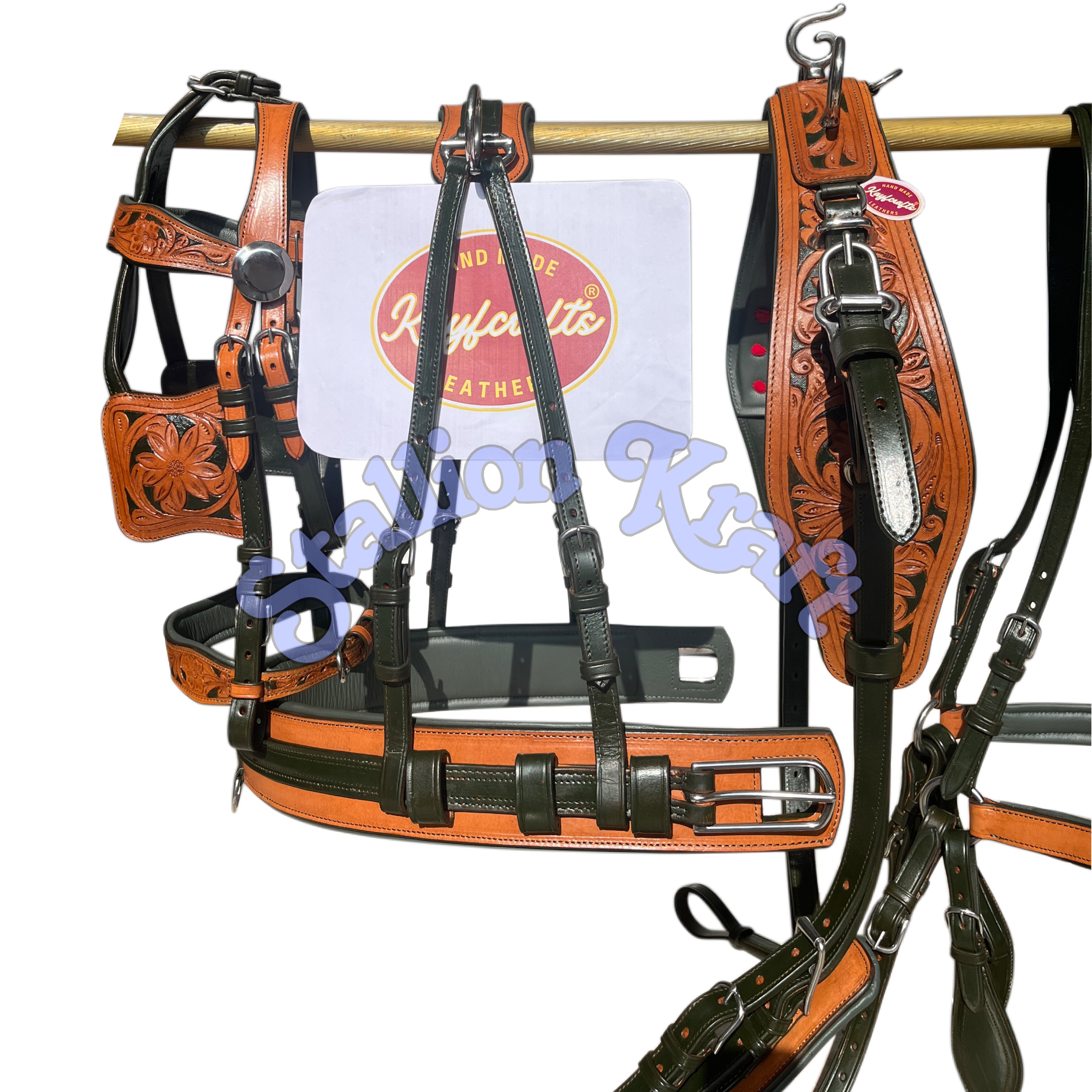 Natural & Olive Green Leather Horse Driving Harness Set  Full Grain Carriage & Buggy Harness