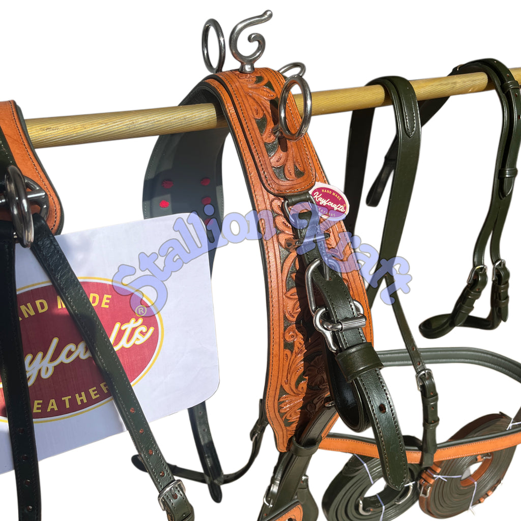 Natural & Olive Green Leather Horse Driving Harness Set  Full Grain Carriage & Buggy Harness