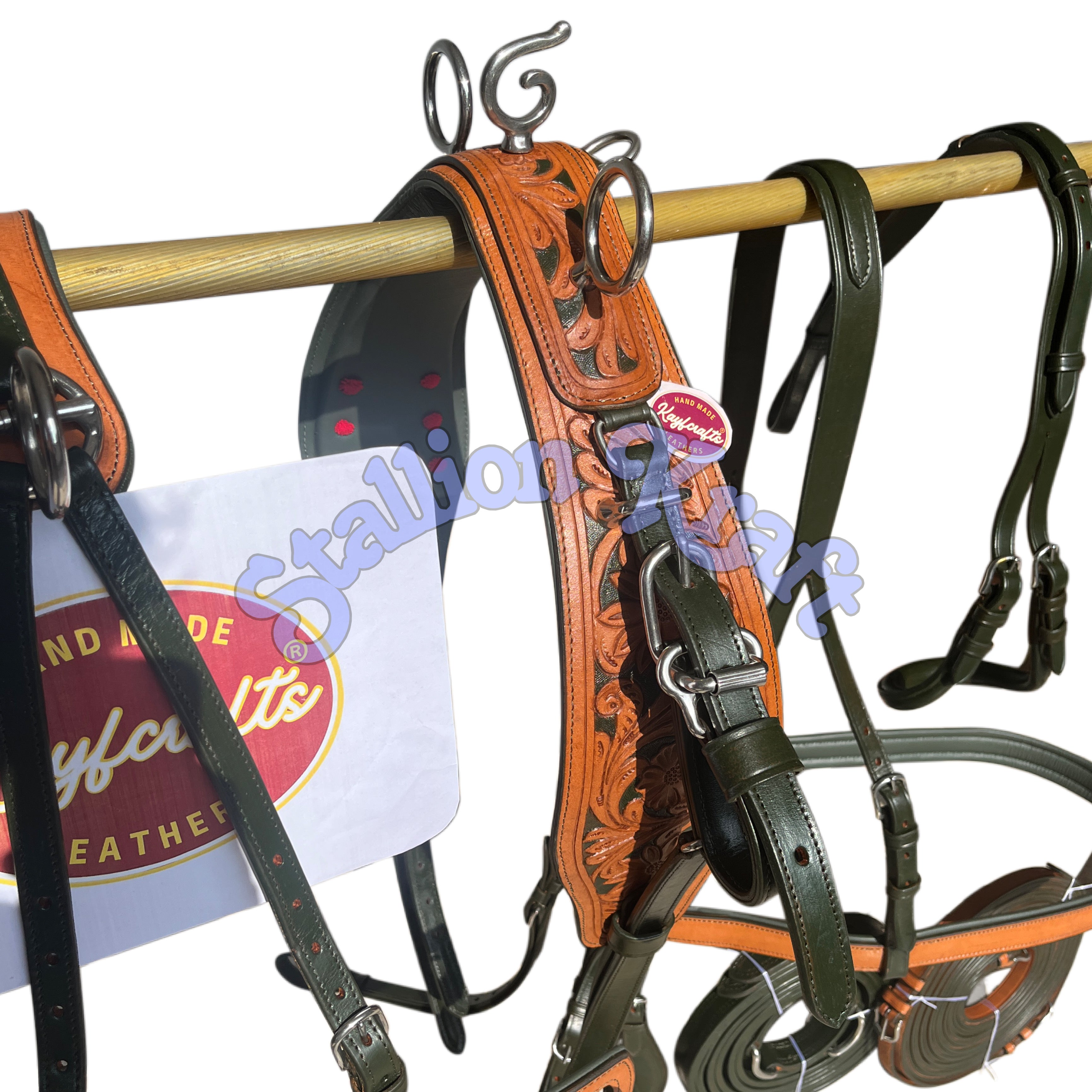 Natural & Olive Green Leather Horse Driving Harness Set  Full Grain Carriage & Buggy Harness