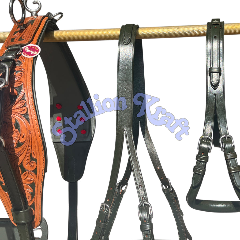 Natural & Olive Green Leather Horse Driving Harness Set  Full Grain Carriage & Buggy Harness