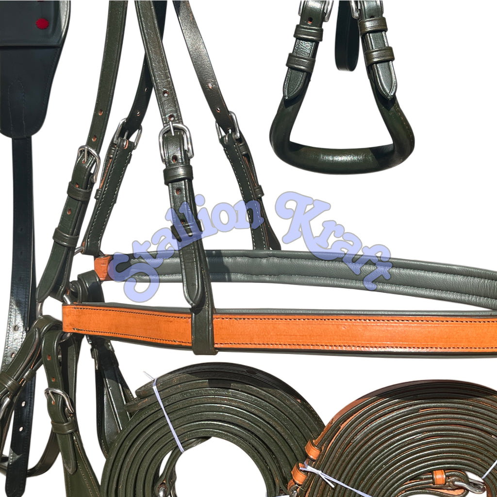 Natural & Olive Green Leather Horse Driving Harness Set  Full Grain Carriage & Buggy Harness
