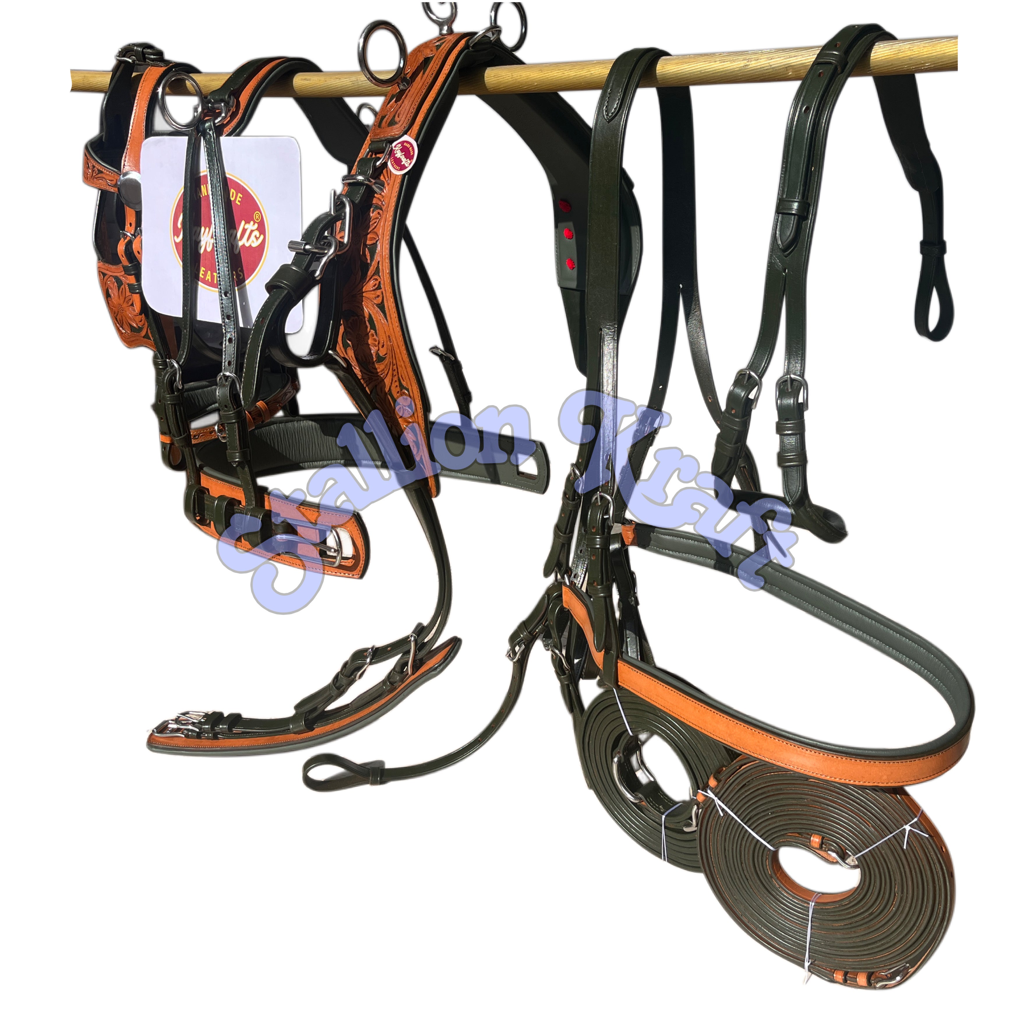 Natural & Olive Green Leather Horse Driving Harness Set  Full Grain Carriage & Buggy Harness