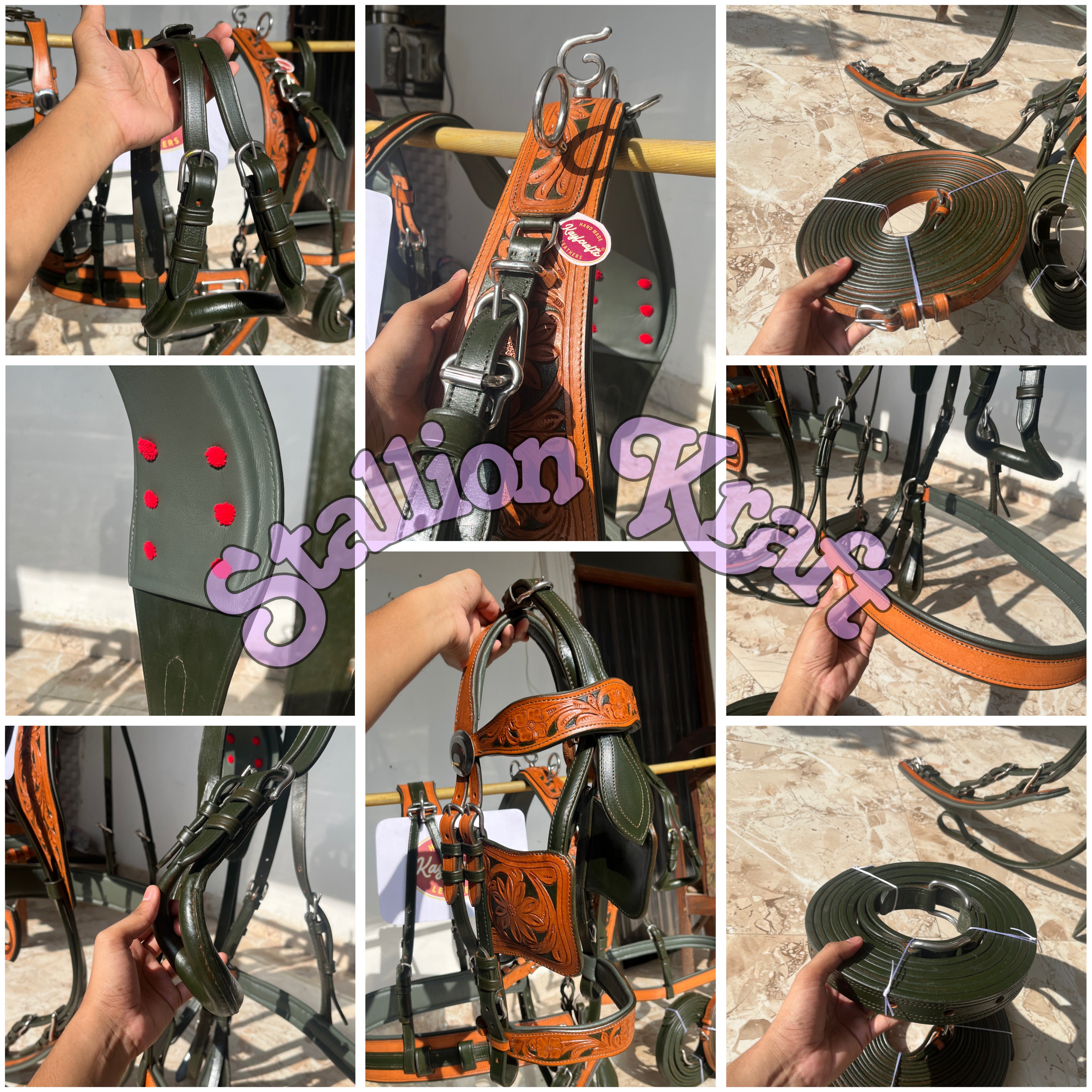 Natural & Olive Green Leather Horse Driving Harness Set  Full Grain Carriage & Buggy Harness