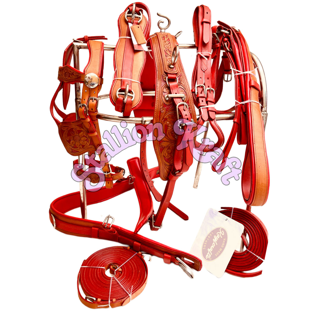 Premium Full Grain Leather Horse Driving Harness Set  Natural and Red Carriage Buggy Harness with Breeching and Traces