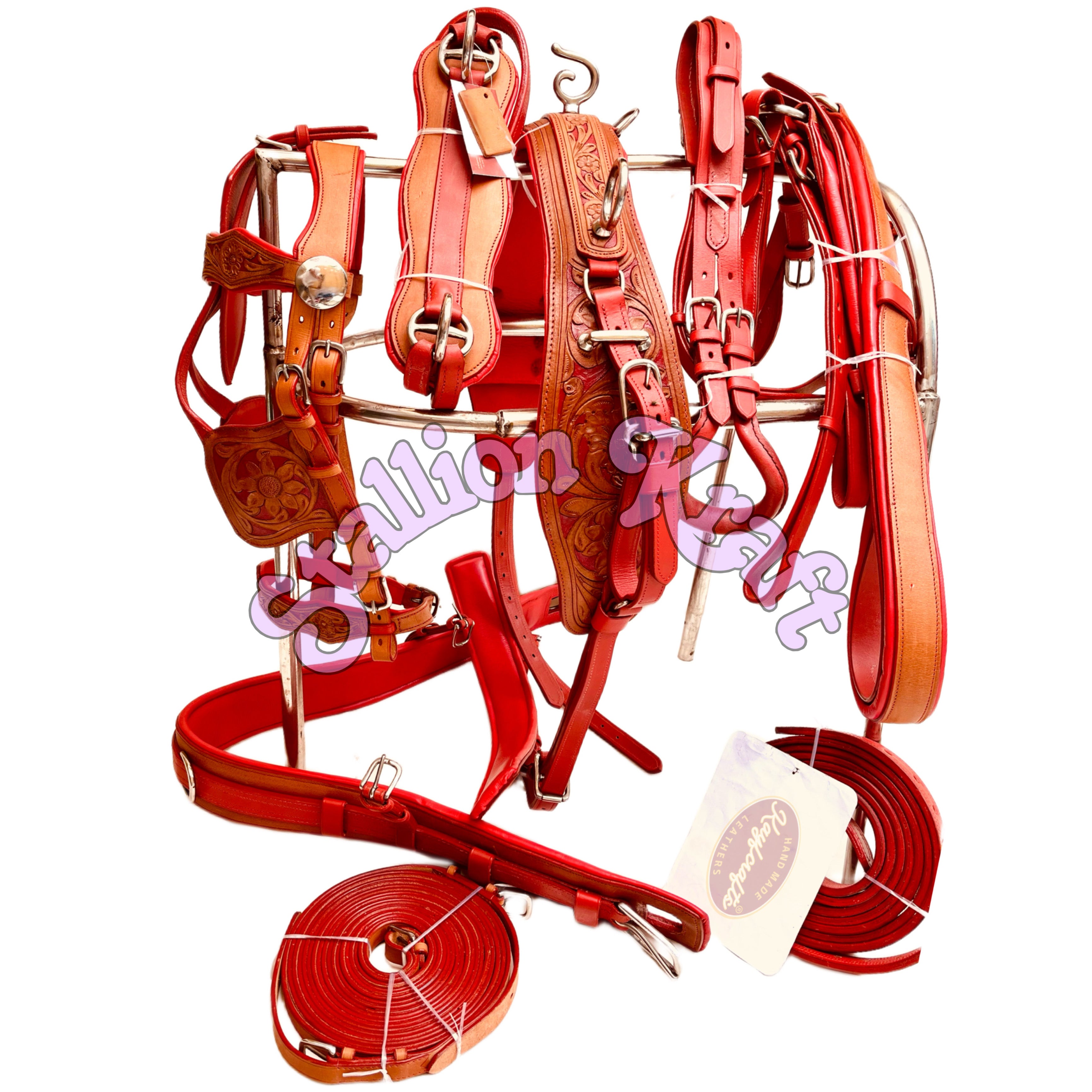 Premium Full Grain Leather Horse Driving Harness Set  Natural and Red Carriage Buggy Harness with Breeching and Traces
