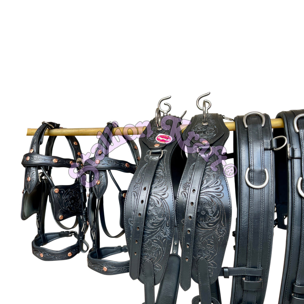 Team Pair Carriage Harness Full Grain Oiled Black Leather Horse Driving Harness