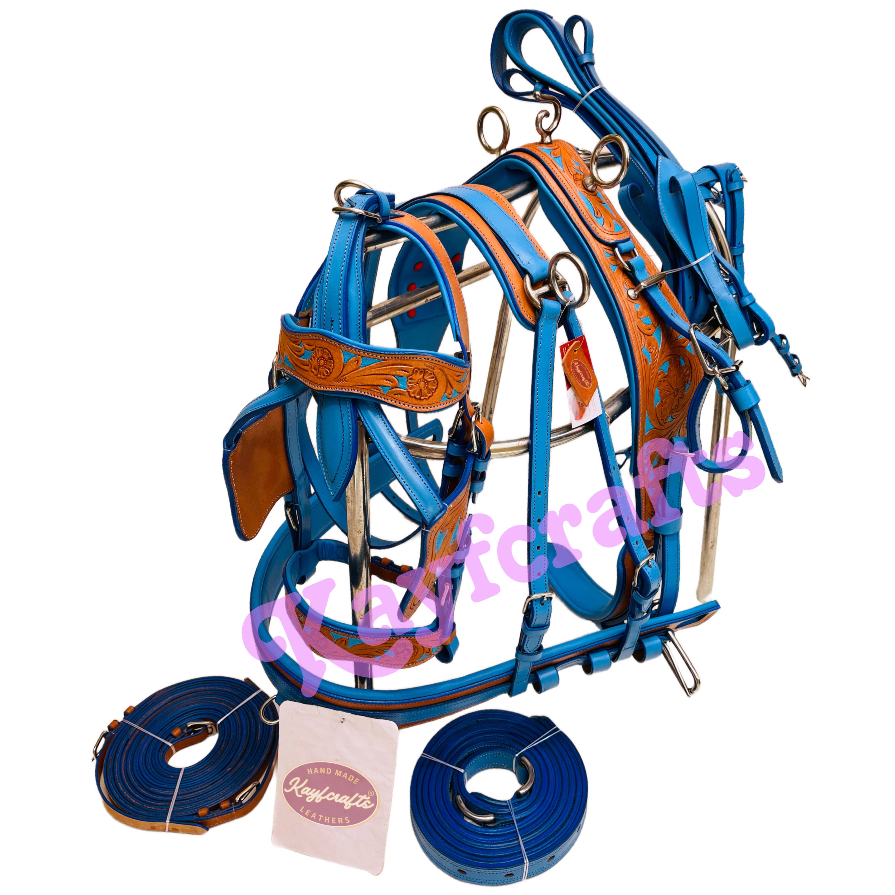 Blue & Natural Leather Single Horse Driving Harness Set – Soft Cushioned Padding