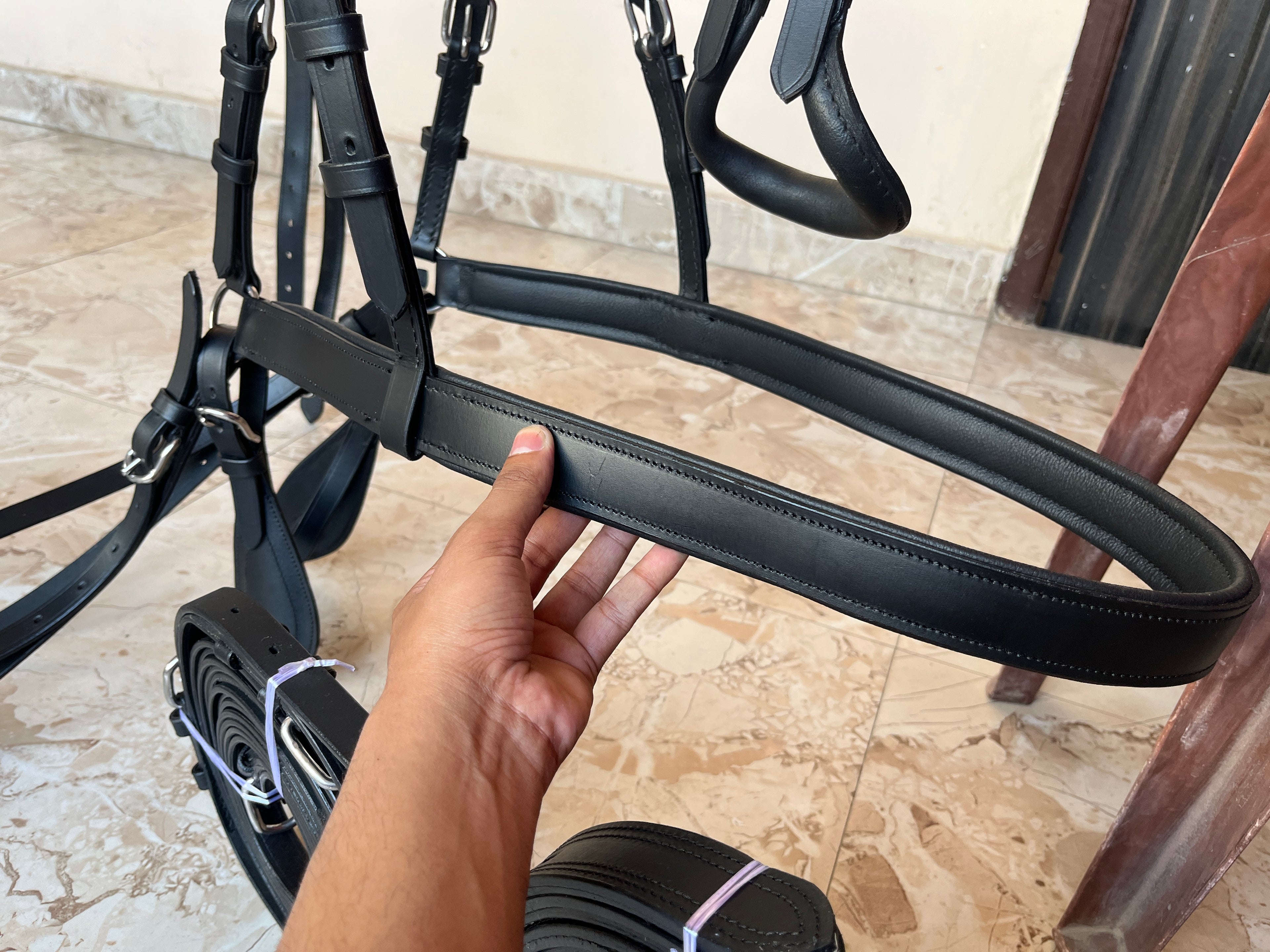 Oiled Black Full Grain Leather Horse Driving Harness Set  Single Horse Leather Carriage, Buggy & Cart Harness