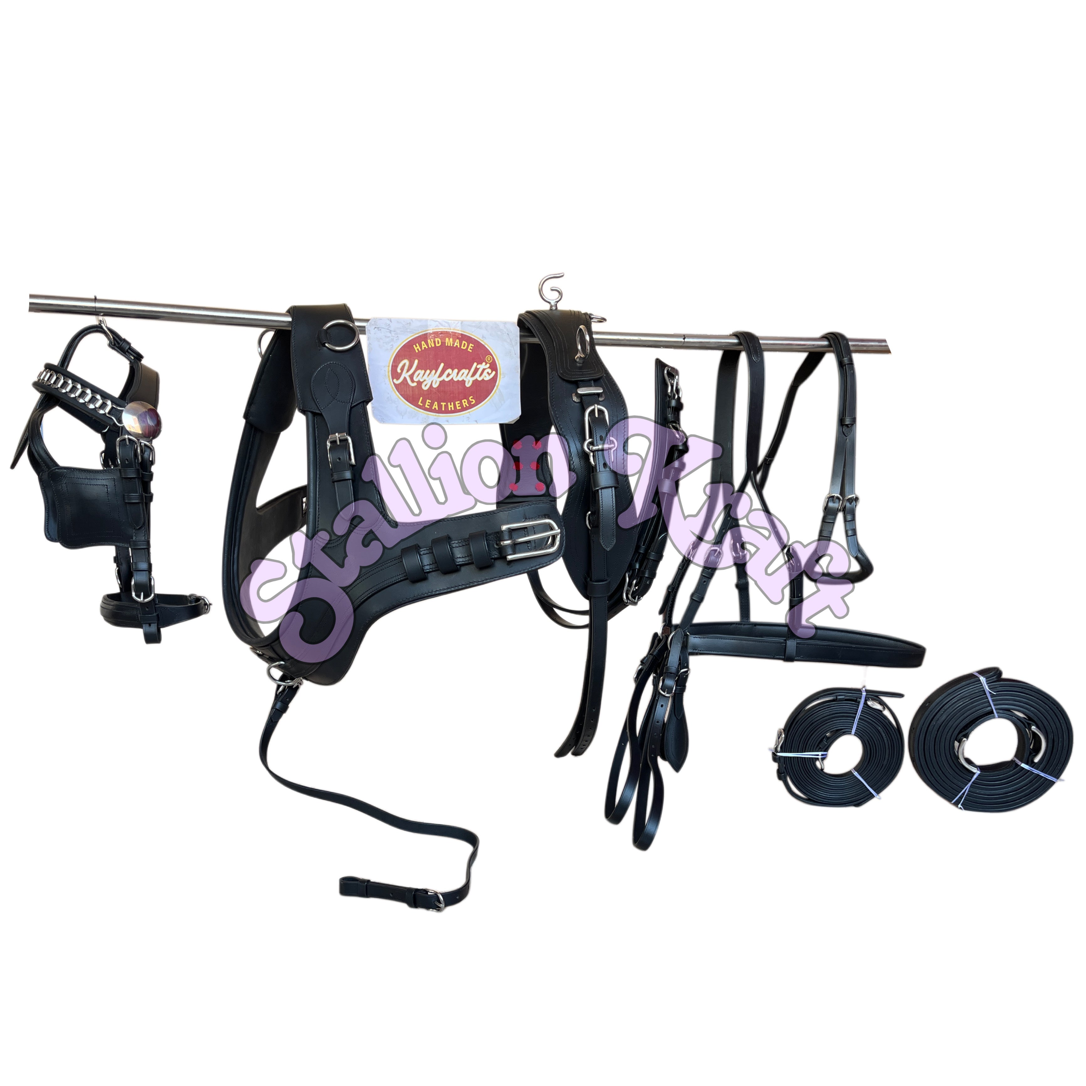 Oiled Black Full Grain Leather Horse Driving Harness Set  Single Horse Leather Carriage, Buggy & Cart Harness