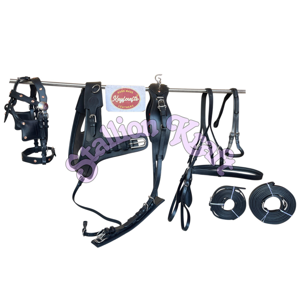 Black Full Grain Leather Horse Driving Harness Set Leather Carriage Harness with French Anatomical Collar
