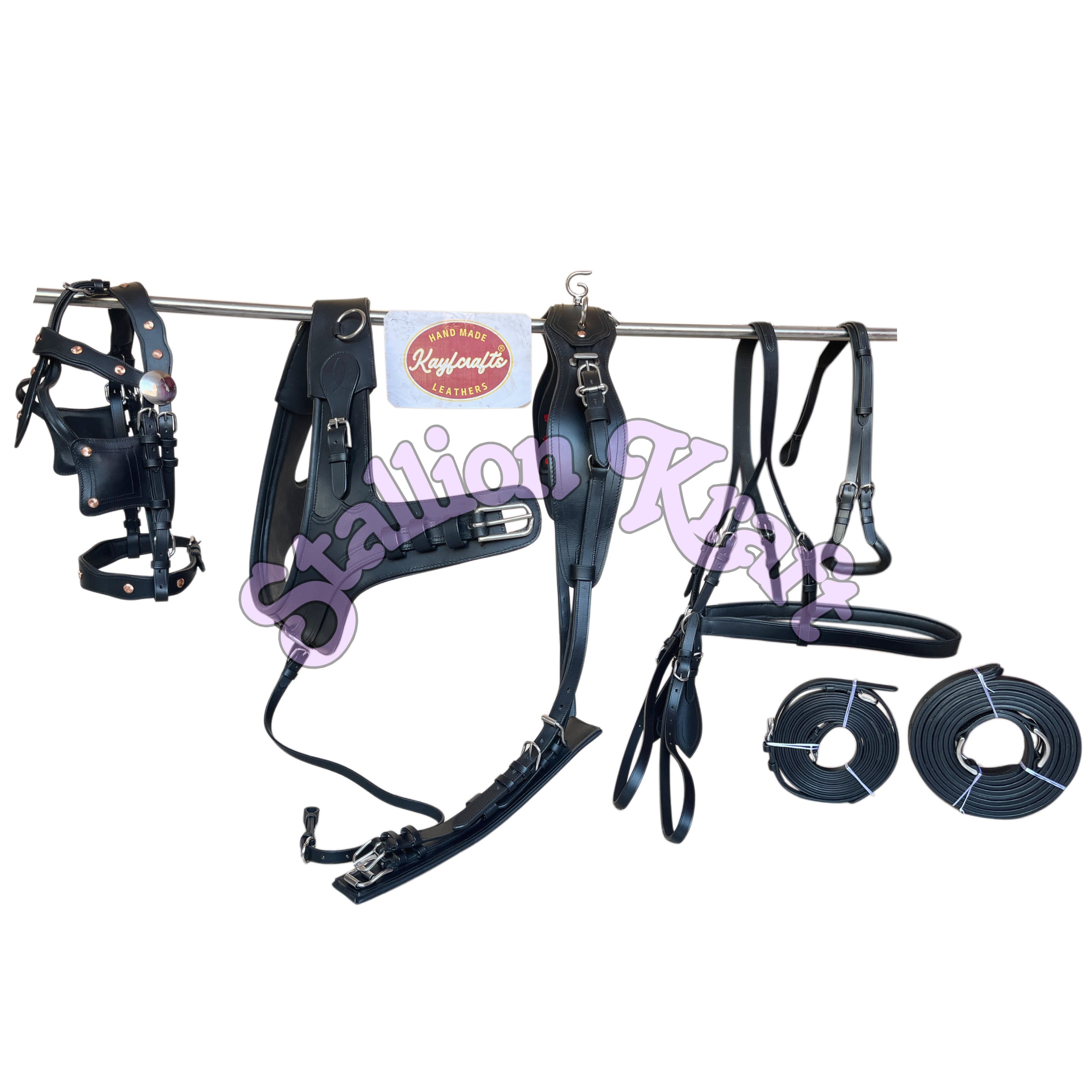 Black Full Grain Leather Horse Driving Harness Set Leather Carriage Harness with French Anatomical Collar