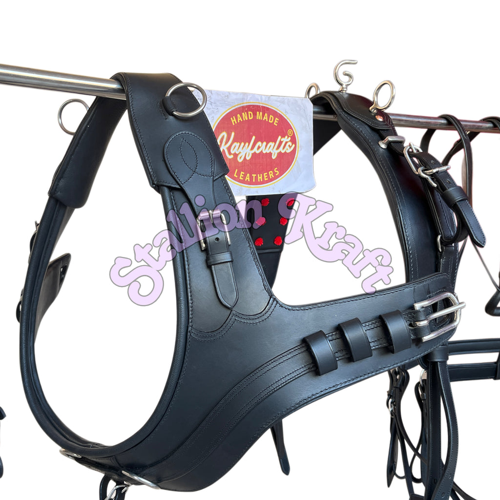 Black Full Grain Leather Horse Driving Harness Set Leather Carriage Harness with French Anatomical Collar