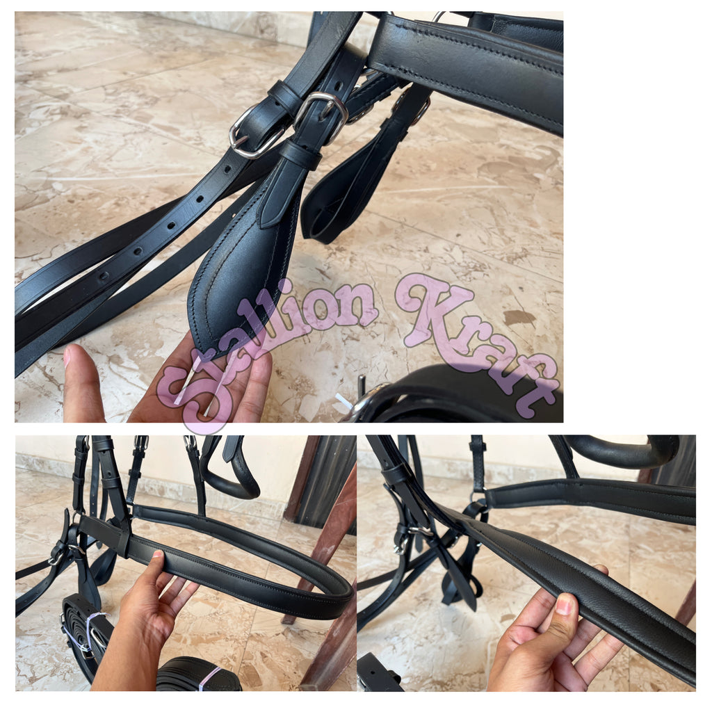 Black Full Grain Leather Horse Driving Harness Set Leather Carriage Harness with French Anatomical Collar