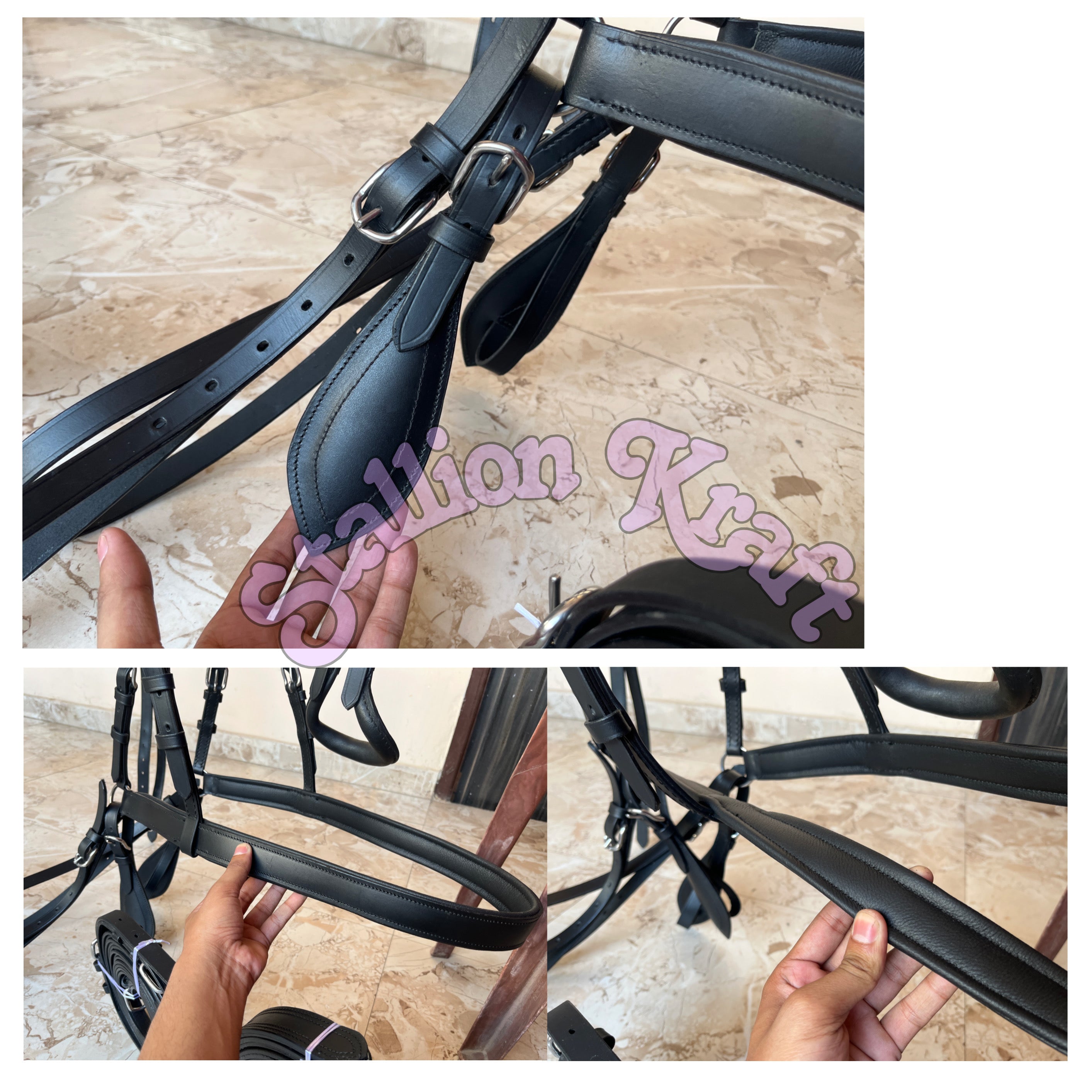Black Full Grain Leather Horse Driving Harness Set Leather Carriage Harness with French Anatomical Collar