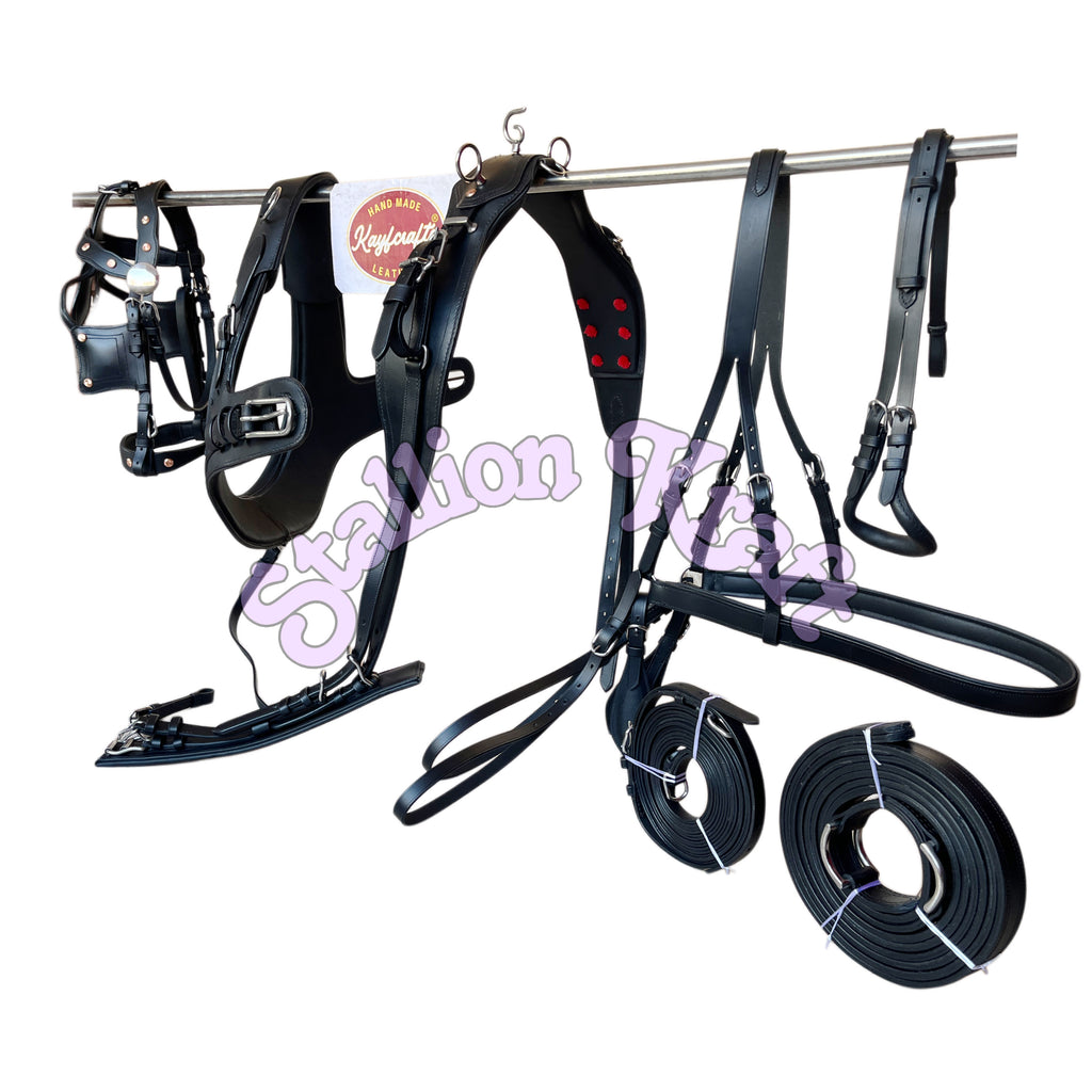 Black Full Grain Leather Horse Driving Harness Set Leather Carriage Harness with French Anatomical Collar