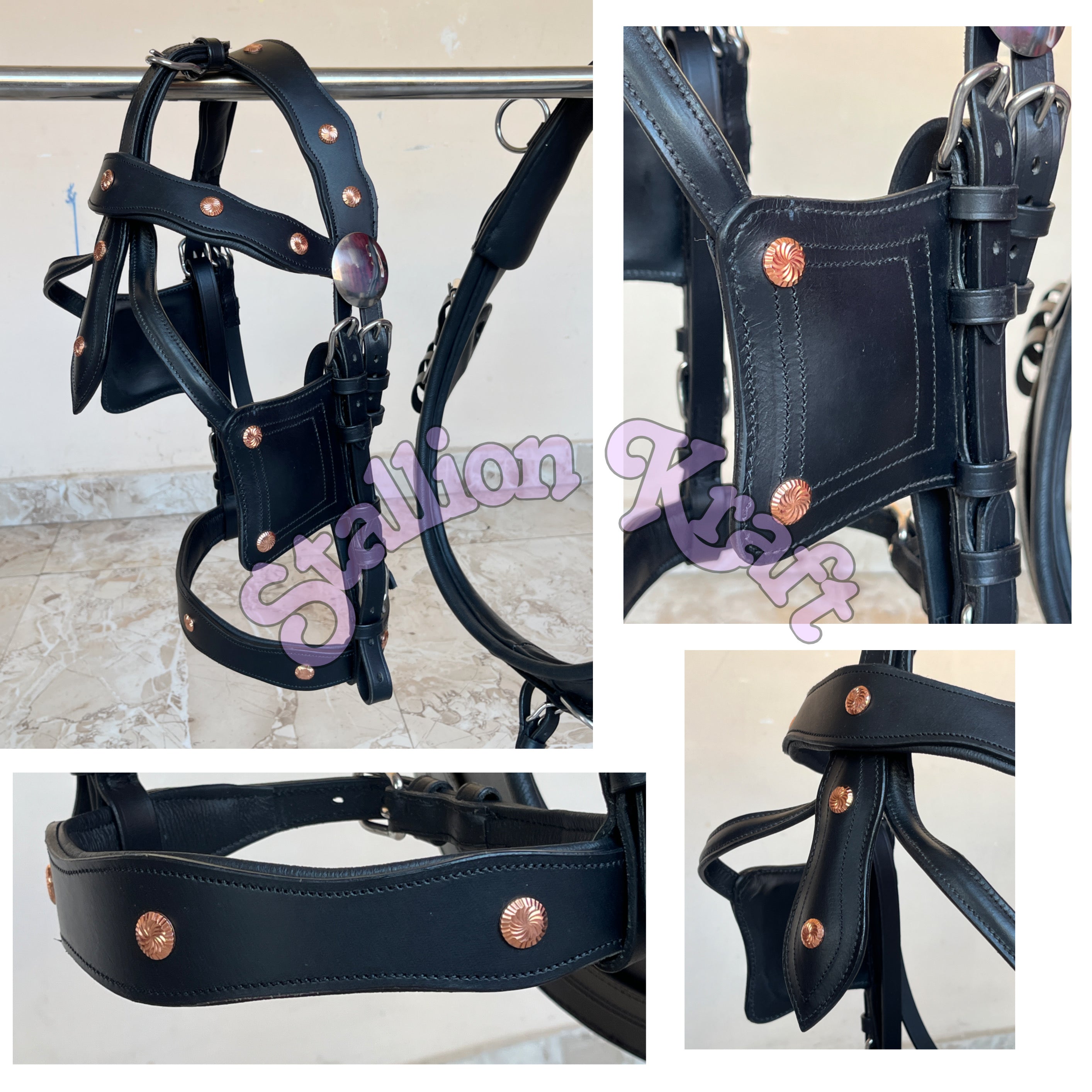 Black Full Grain Leather Horse Driving Harness Set Leather Carriage Harness with French Anatomical Collar
