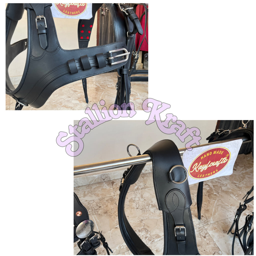 Black Full Grain Leather Horse Driving Harness Set Leather Carriage Harness with French Anatomical Collar