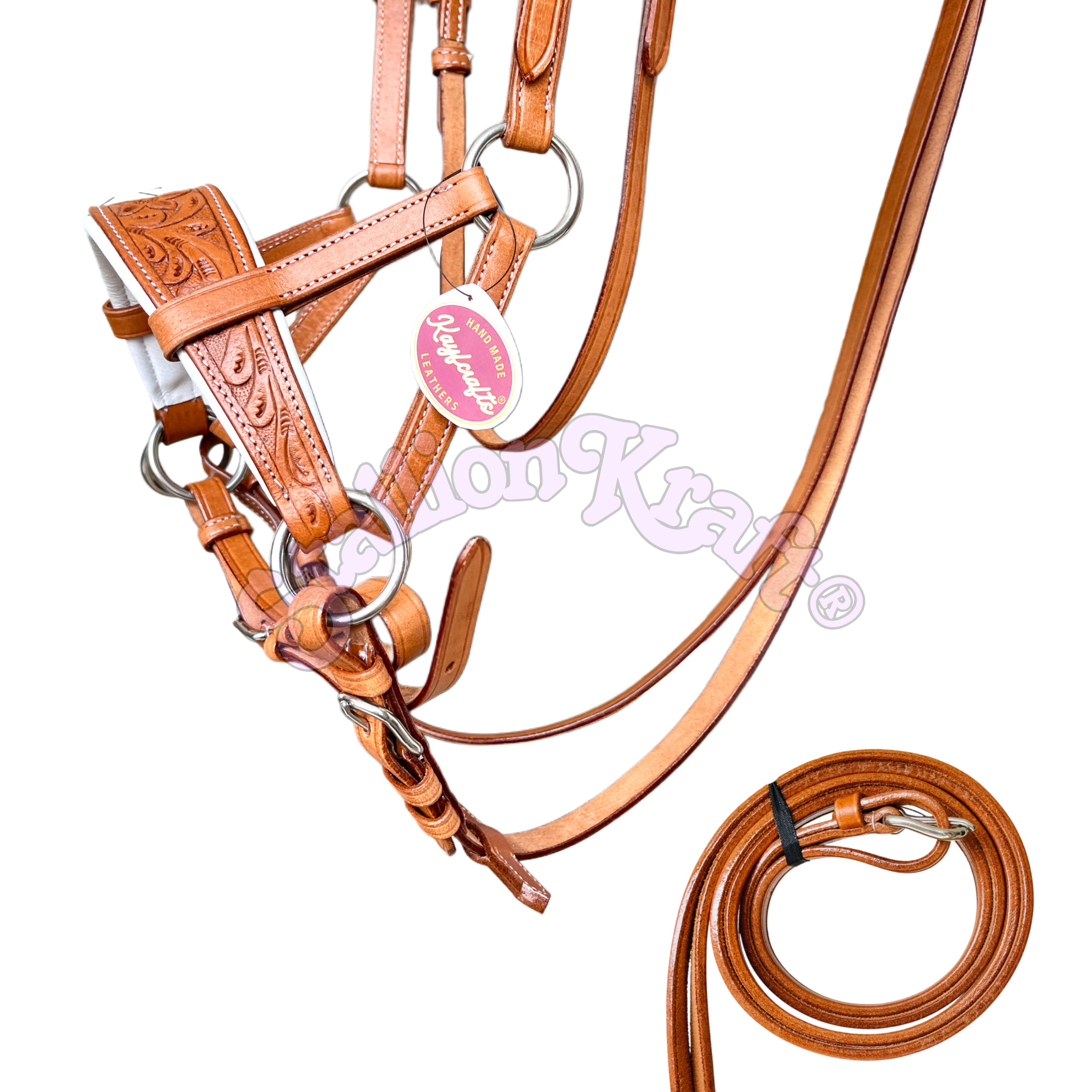 Premium Handcrafted Sidepull Bitless Bridle Natural and White Leather