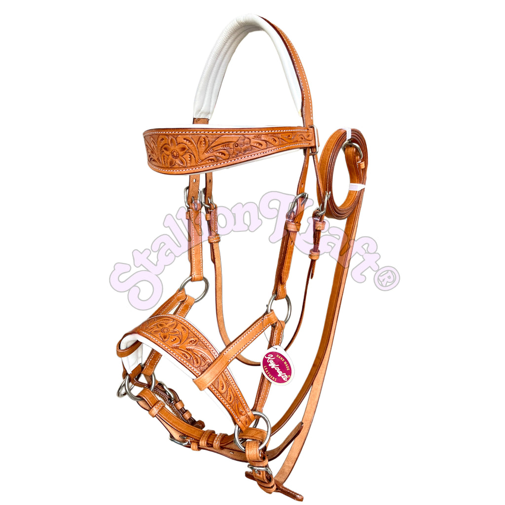 Premium Handcrafted Sidepull Bitless Bridle Natural and White Leather