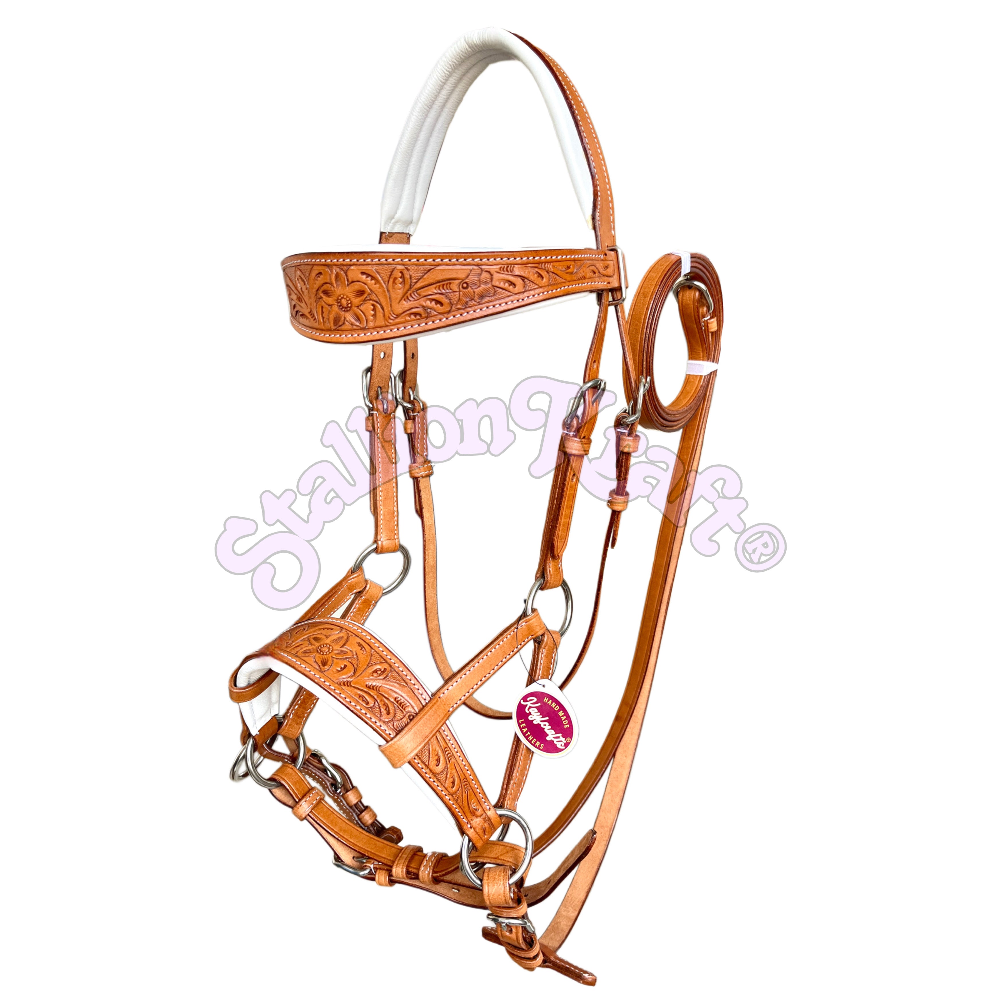 Premium Handcrafted Sidepull Bitless Bridle Natural and White Leather
