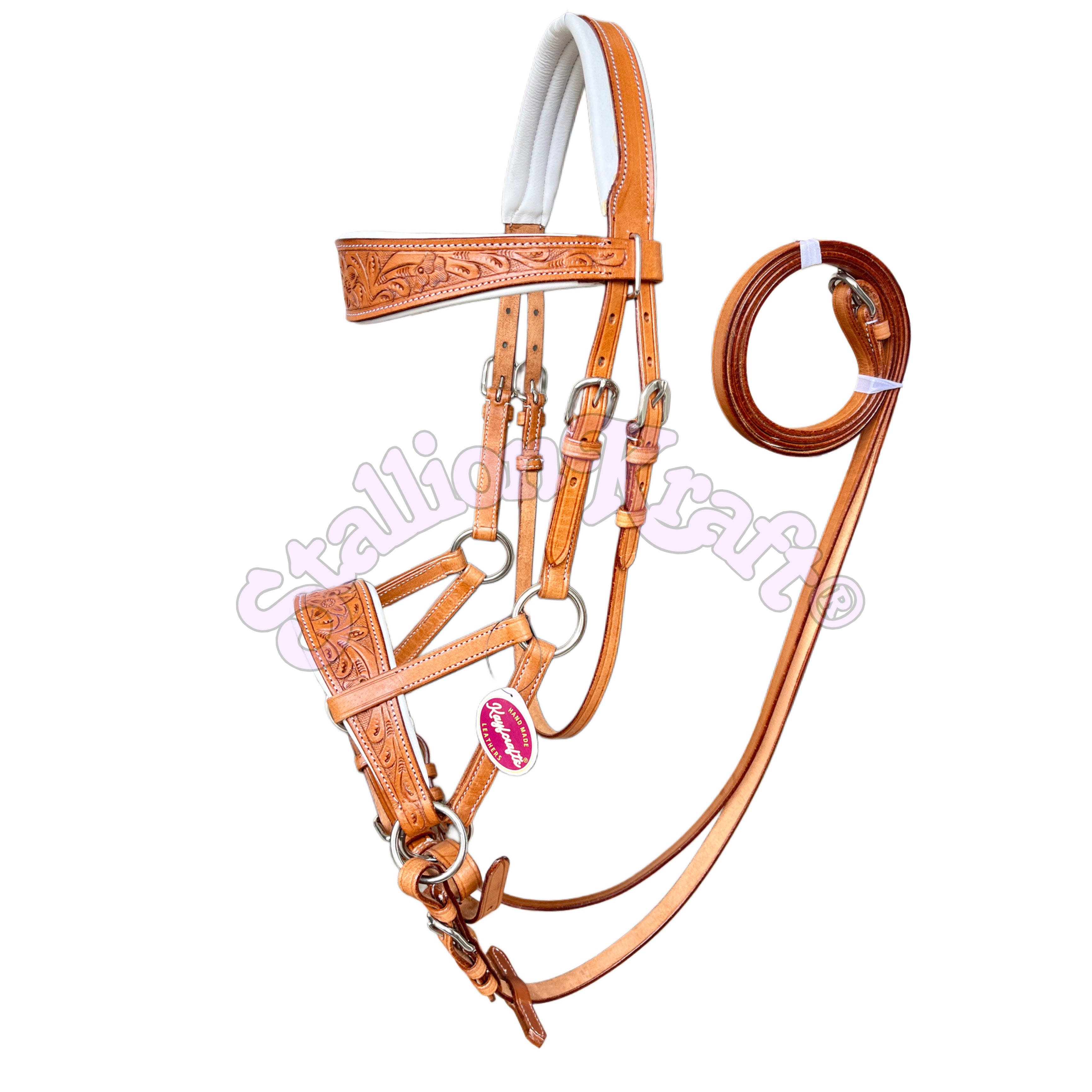 Premium Handcrafted Sidepull Bitless Bridle Natural and White Leather