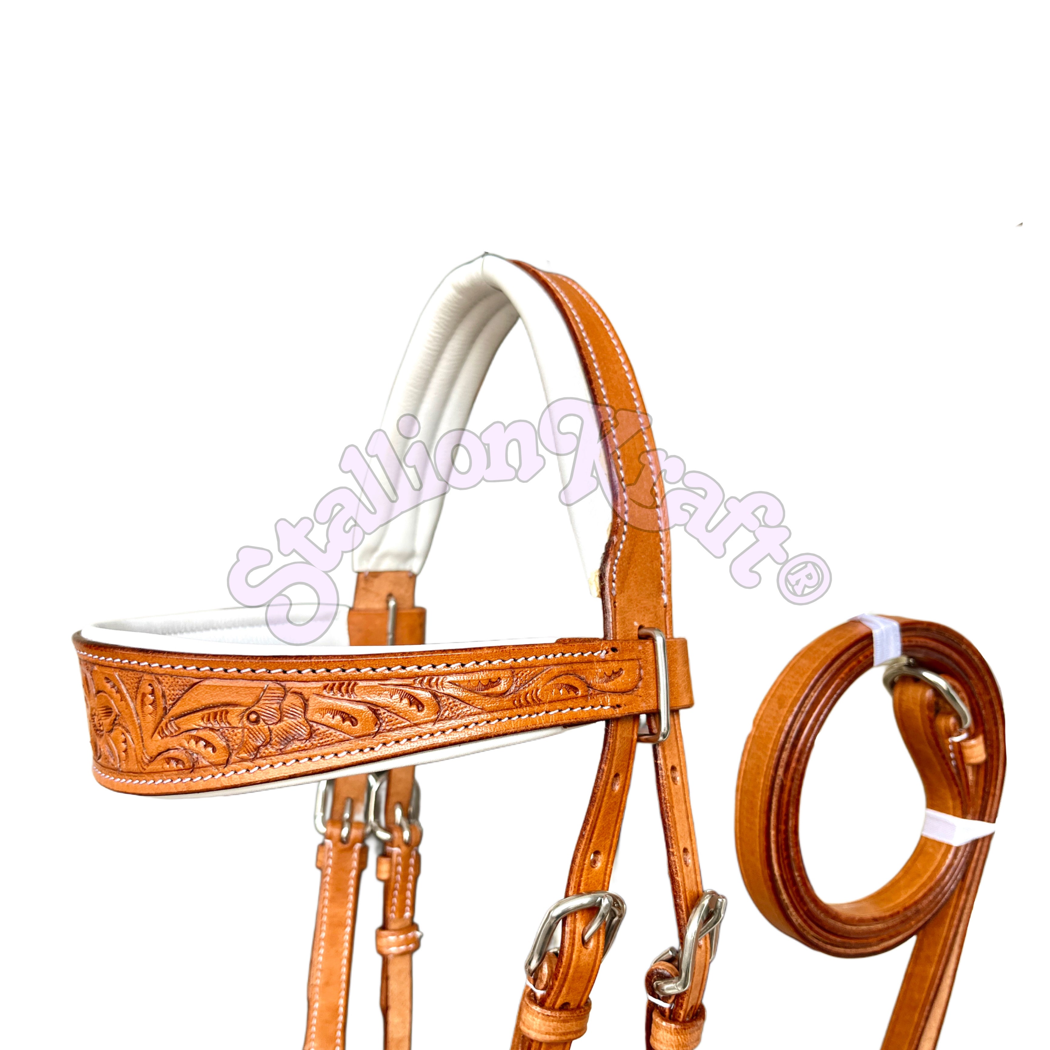 Premium Handcrafted Sidepull Bitless Bridle Natural and White Leather