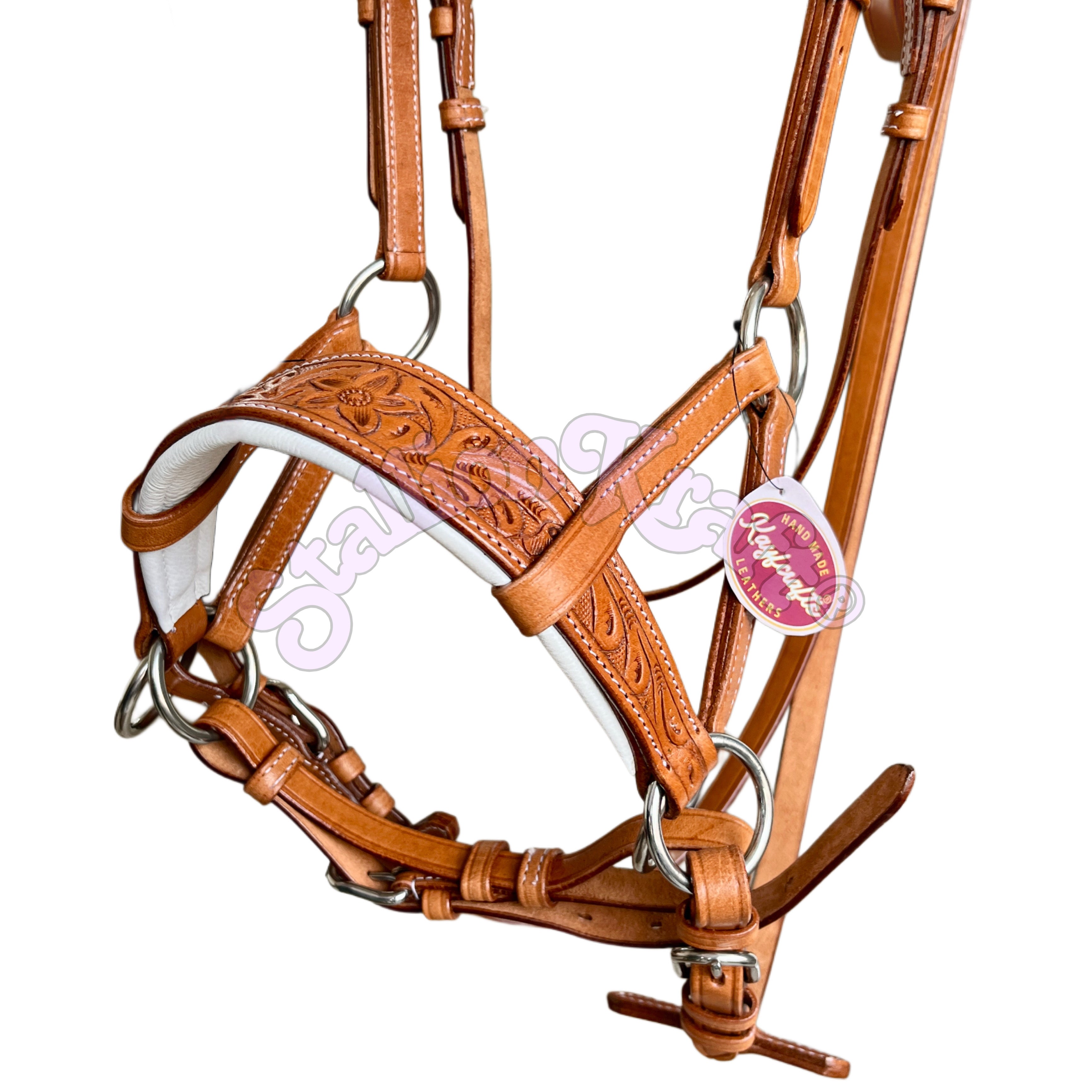 Premium Handcrafted Sidepull Bitless Bridle Natural and White Leather