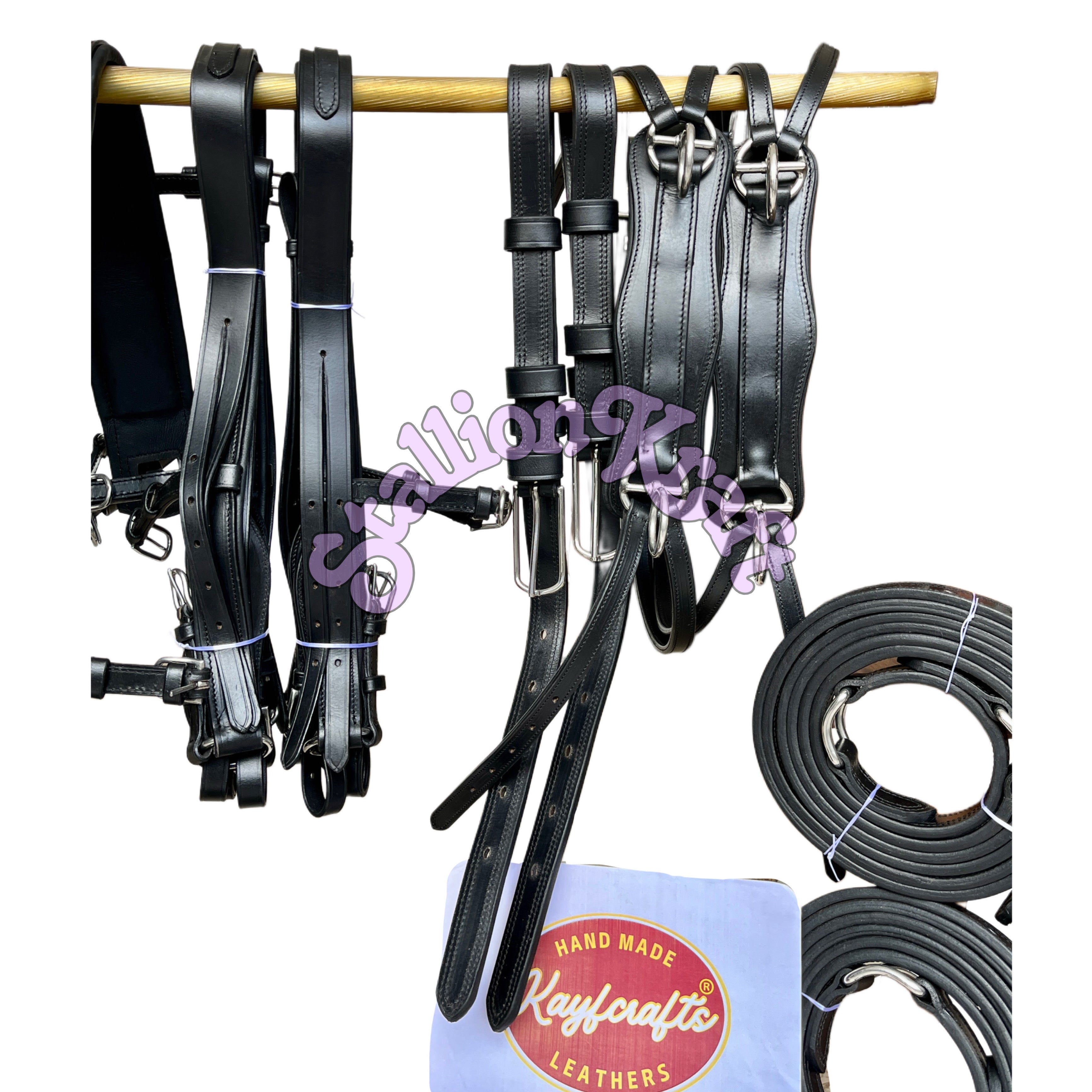 Premium Full Grain Black Leather Team Horse Driving Harness  Dual Horse Carriage Harness with Anatomical French Collar