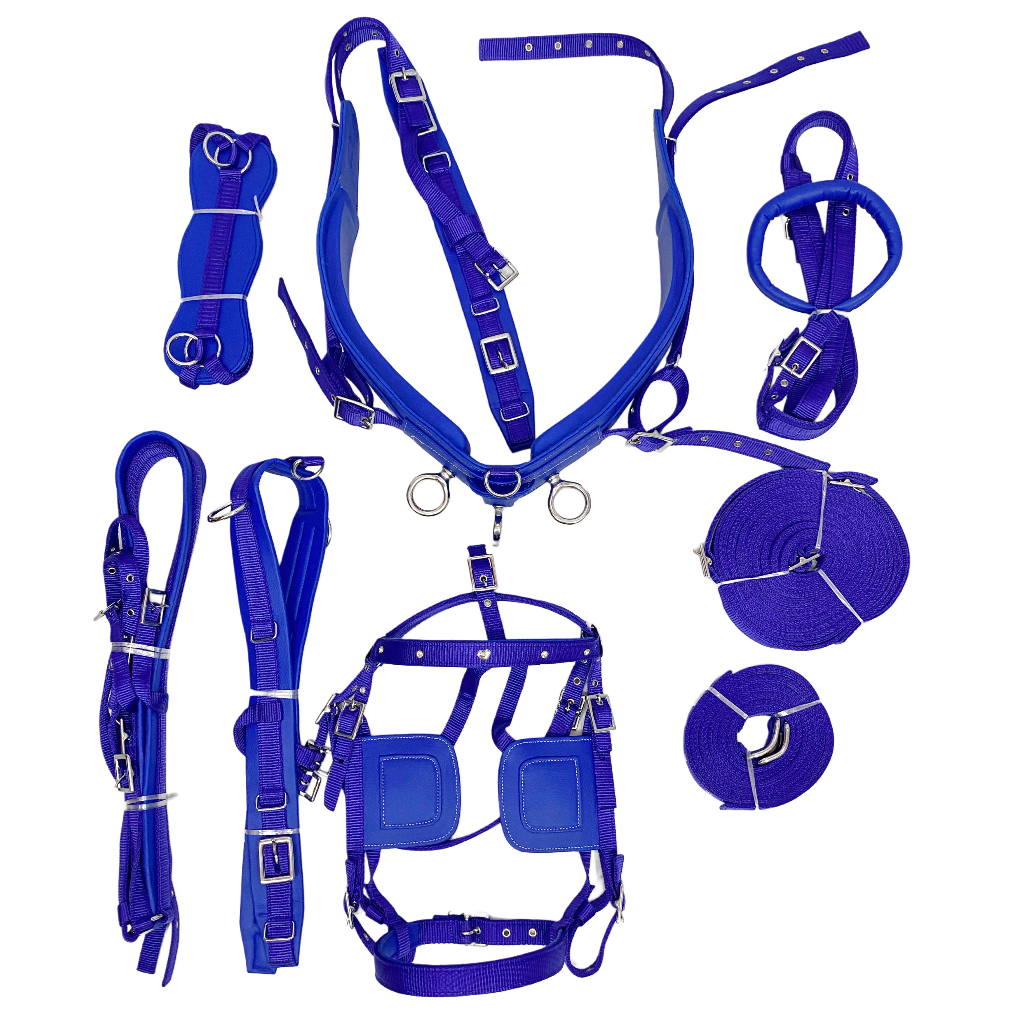 Purple nylon horse driving harness with padded saddle, breast collar and breeching. Complete carriage, cart and buggy harness for single horses.