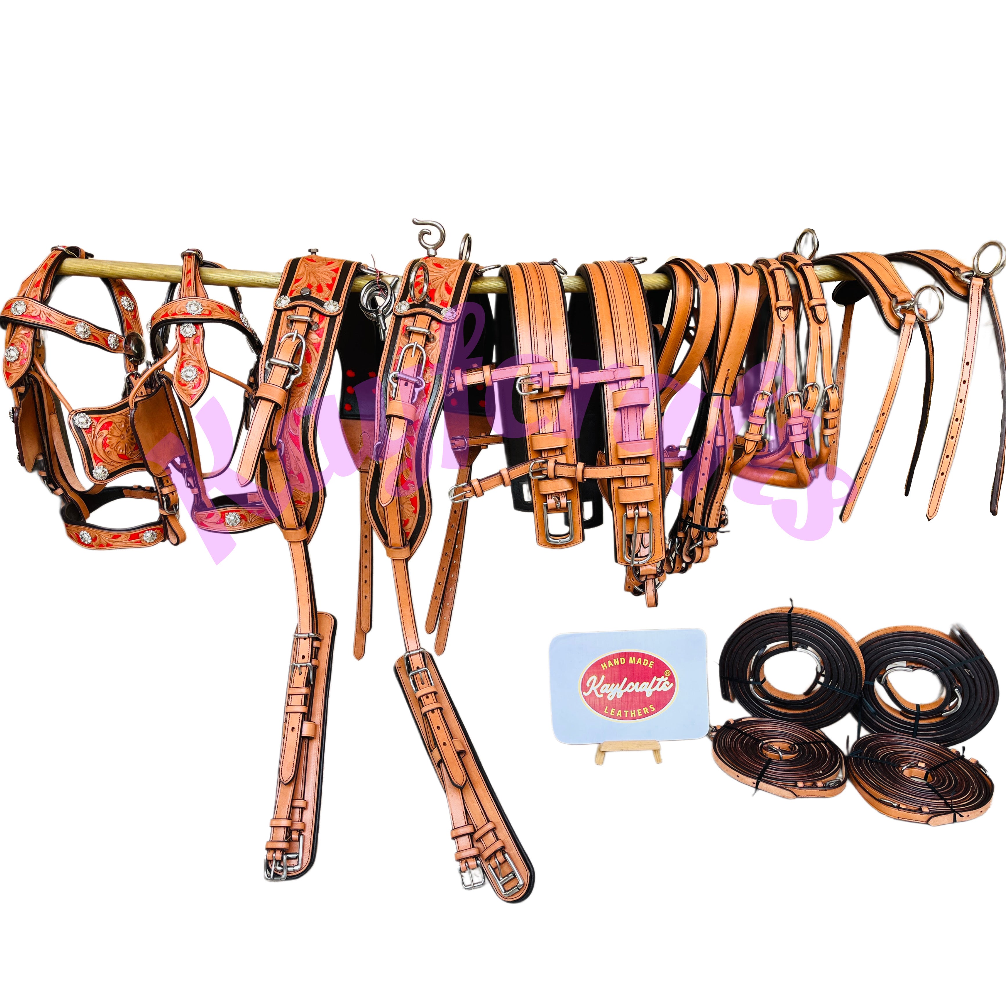 Premium Team Pair Horse Driving Harness  Natural, Tan and Red Leather with Floral Tooling