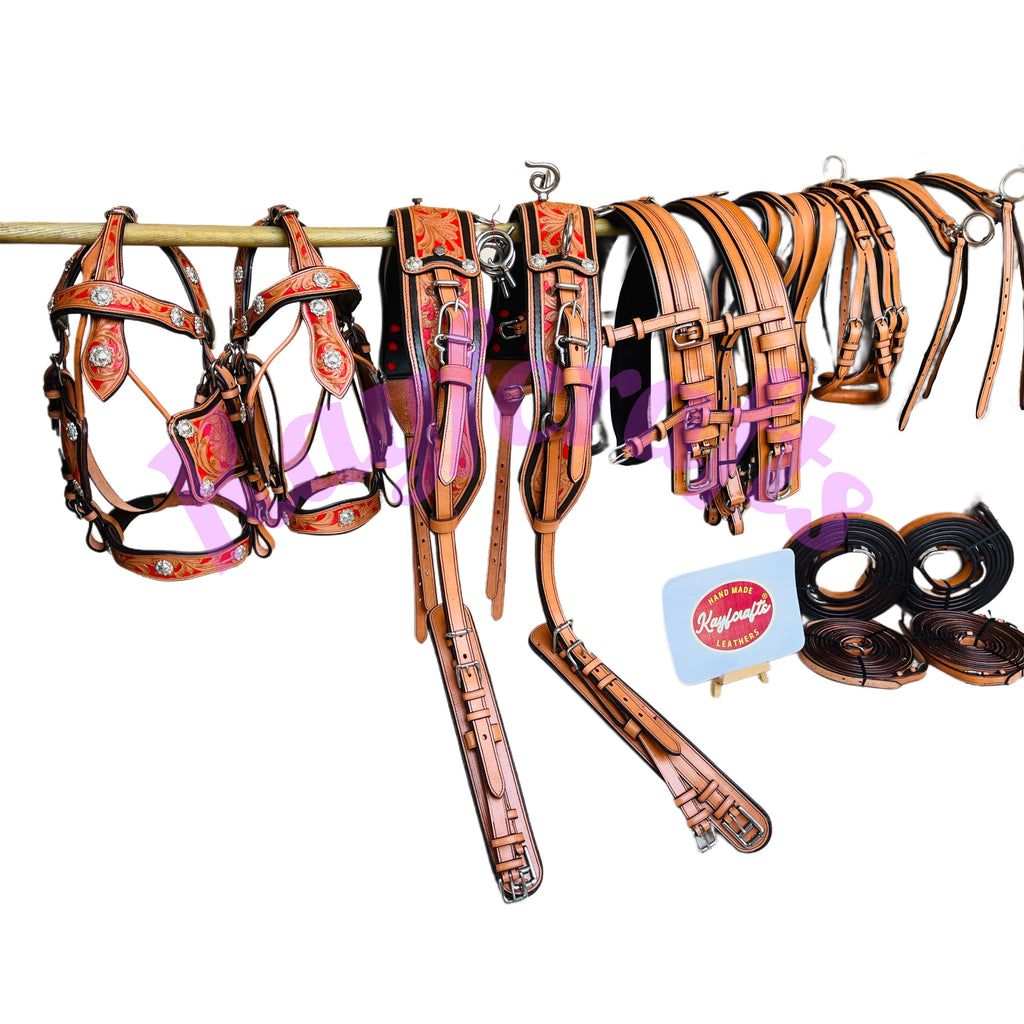 Premium Team Pair Horse Driving Harness  Natural, Tan and Red Leather with Floral Tooling