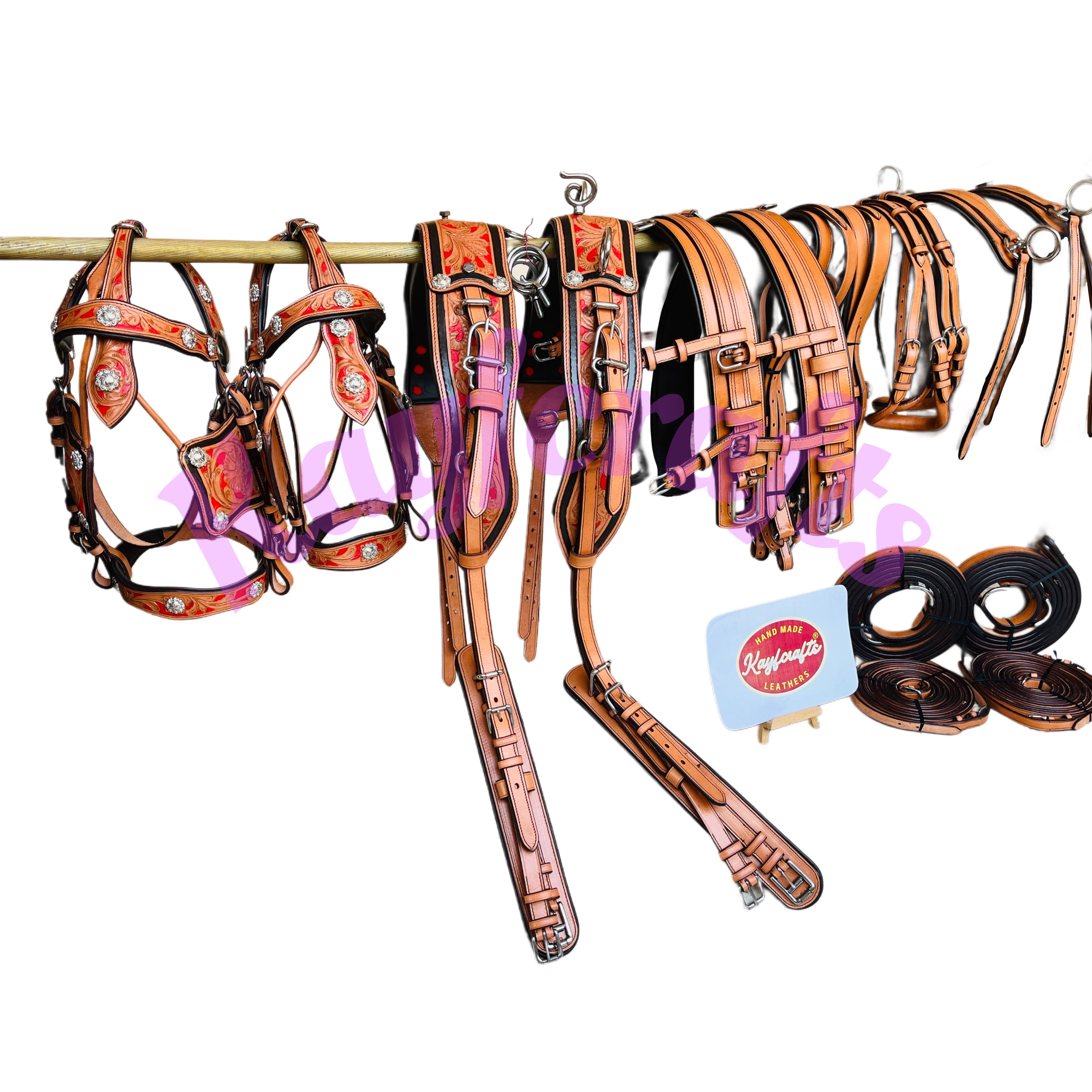 Premium Team Pair Horse Driving Harness  Natural, Tan and Red Leather with Floral Tooling