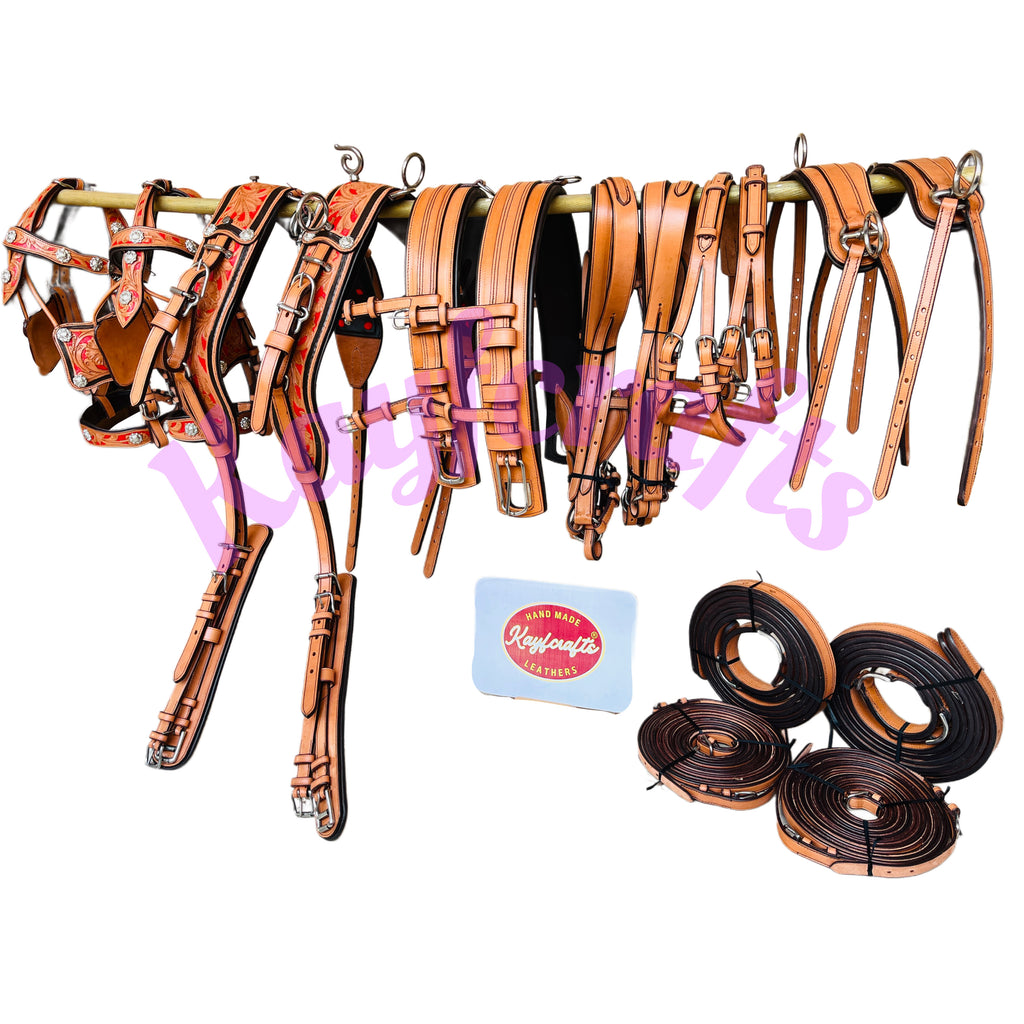 Premium Team Pair Horse Driving Harness  Natural, Tan and Red Leather with Floral Tooling