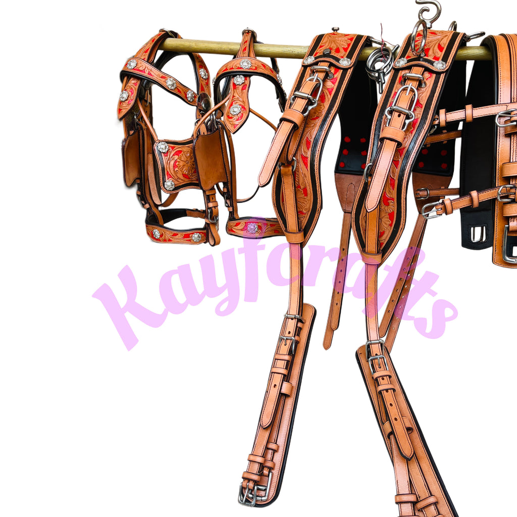 Premium Team Pair Horse Driving Harness  Natural, Tan and Red Leather with Floral Tooling