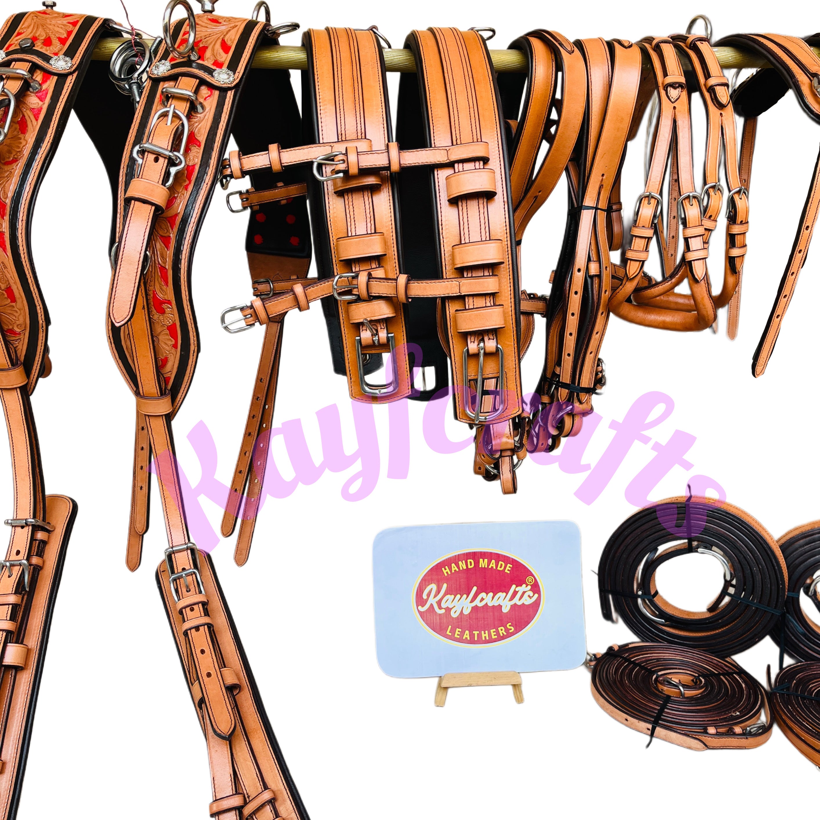 Premium Team Pair Horse Driving Harness  Natural, Tan and Red Leather with Floral Tooling